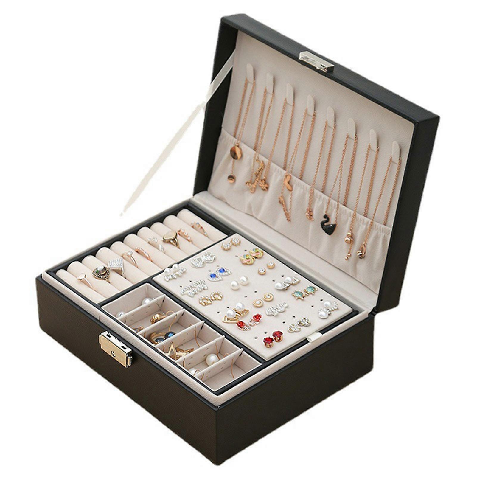 Black Double Layer Jewelry Box: Large Capacity Storage with Lock