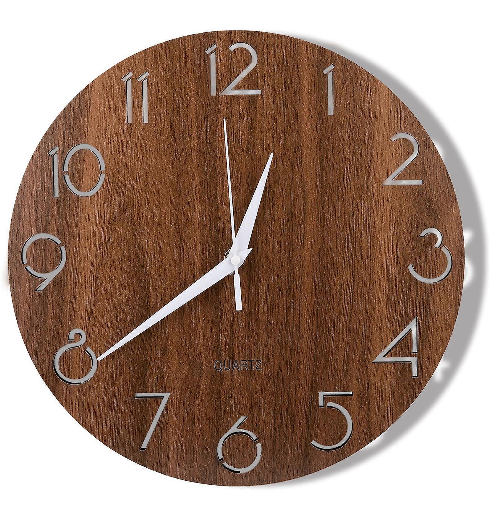 12 Inch Wooden Wall Clock With Slashed Numerals, Rustic Country Style, Silent Sweep, Battery Powered