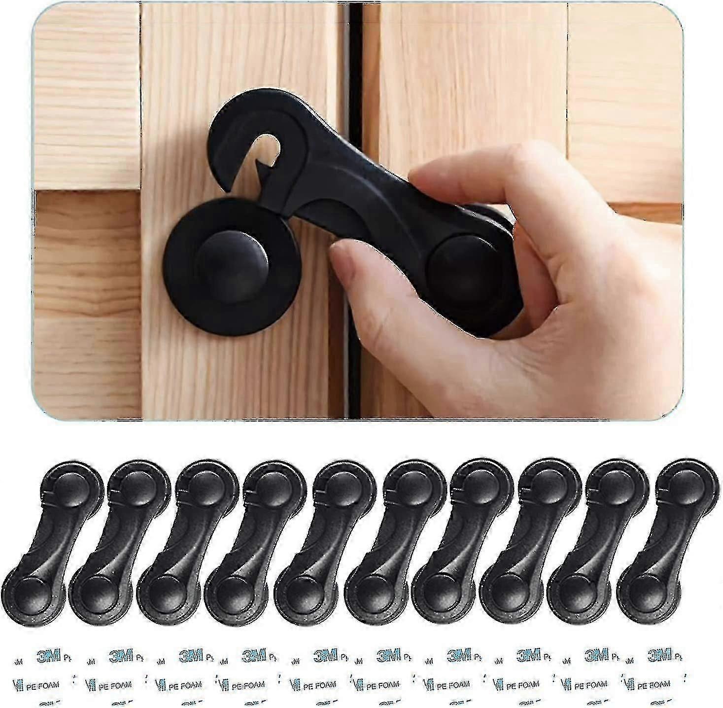 10 Pack Child Fety Cabinet Locks - Baby Proofing Latches Lock For Drawers Toilet Seat Fridge Oven With 10 Extra Adhesives (black)