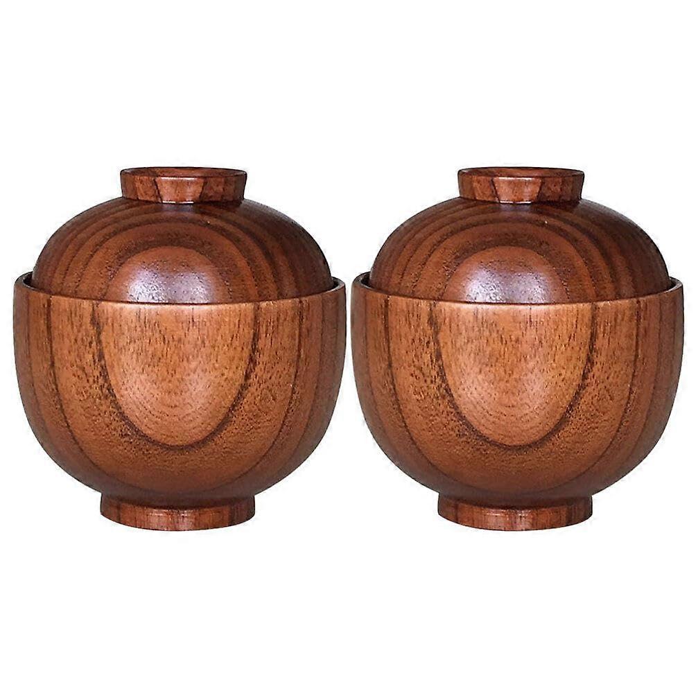 Rice Bowl with Lid 2 Pcs Handmade Wooden Bowl Japanese Style Soup Bowl Tableware for Rice Miso Soup and Dips