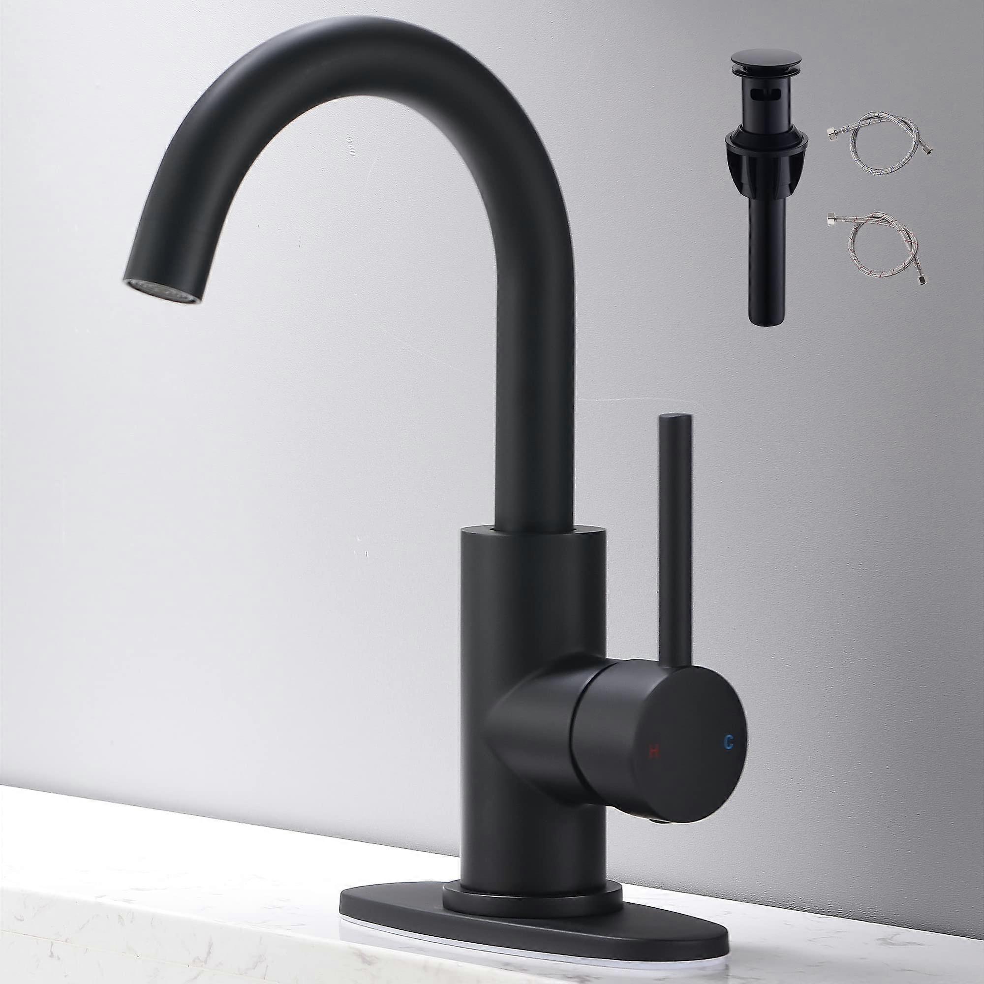 Matte Black Single Handle Bathroom Sink Faucet 360° Swivel Spout with 4 Inch Deck Plate and Pop-Up Drain for Vanity Use