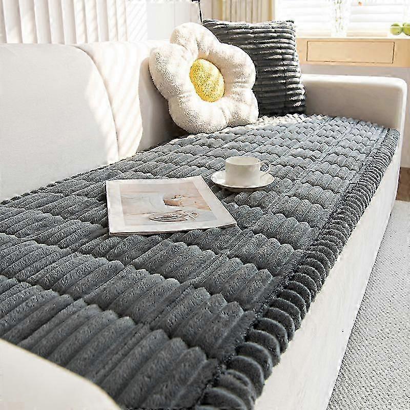 A Bohemian Style Quilted Sofa Cover with Ruffled Edges, Featuring One-piece Short Pile Fleece Fabric, Machine Washable, Pet Friendly, Non-slip Sheaths