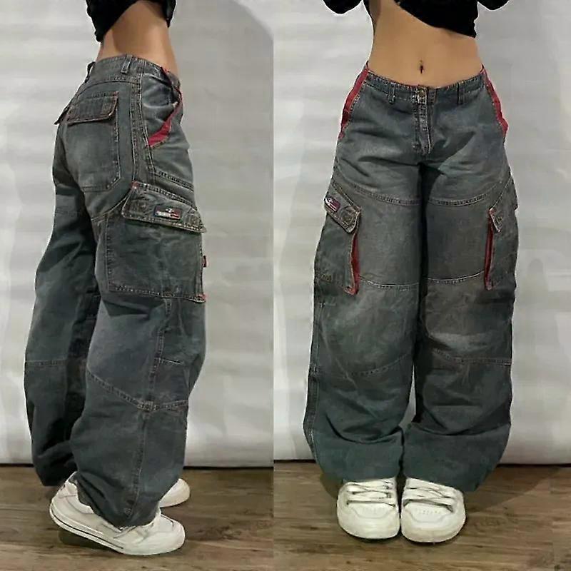 SStreetwearファッション新しいマルチポケットウォッシュバギージーンズ男性と女性Y2Kヒップホップ原宿カジュアルゴシックハイウエストワイドパンツ