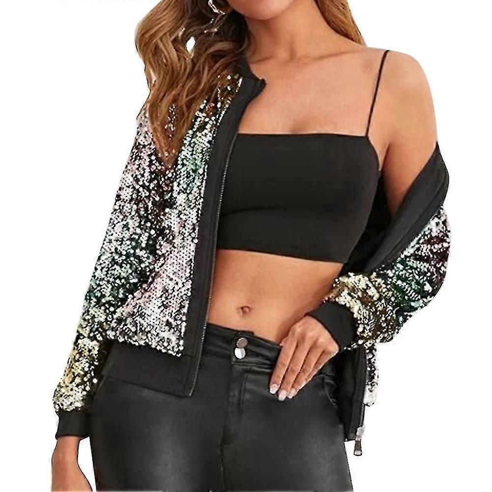 Donna Trend Sequin Stitching Cropped Top Jacket Button Nightclub