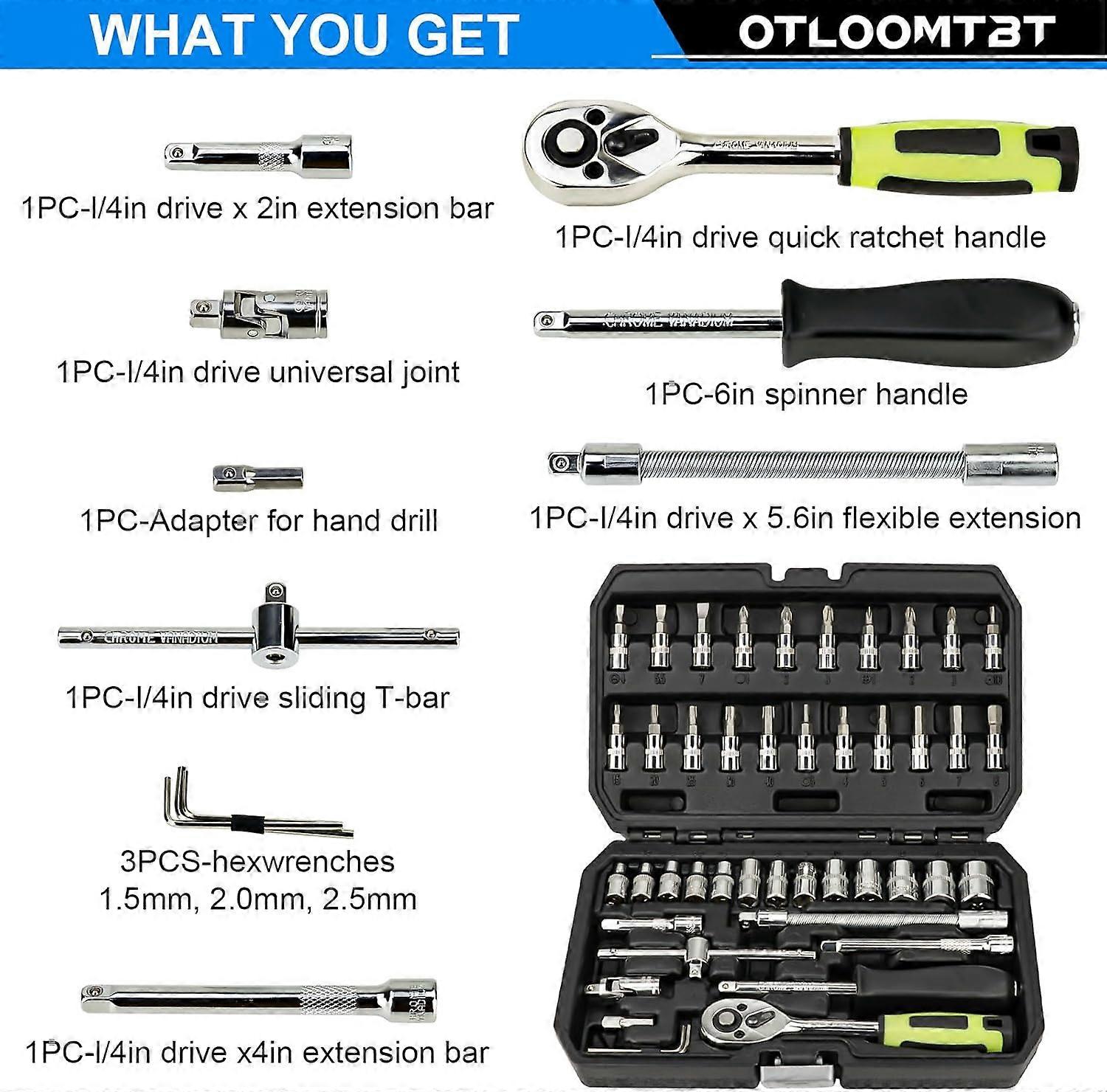 46 Pieces 1/4 Inch Drive Socket Ratchet Wrench Set, with Bit Socket Set Metric and Extension Bar