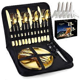 Stainless Steel Portable Outdoor Cutlery Set 10-24pcs Travel Camping Kitchen Utensils with Storage Bag for Picnic Party