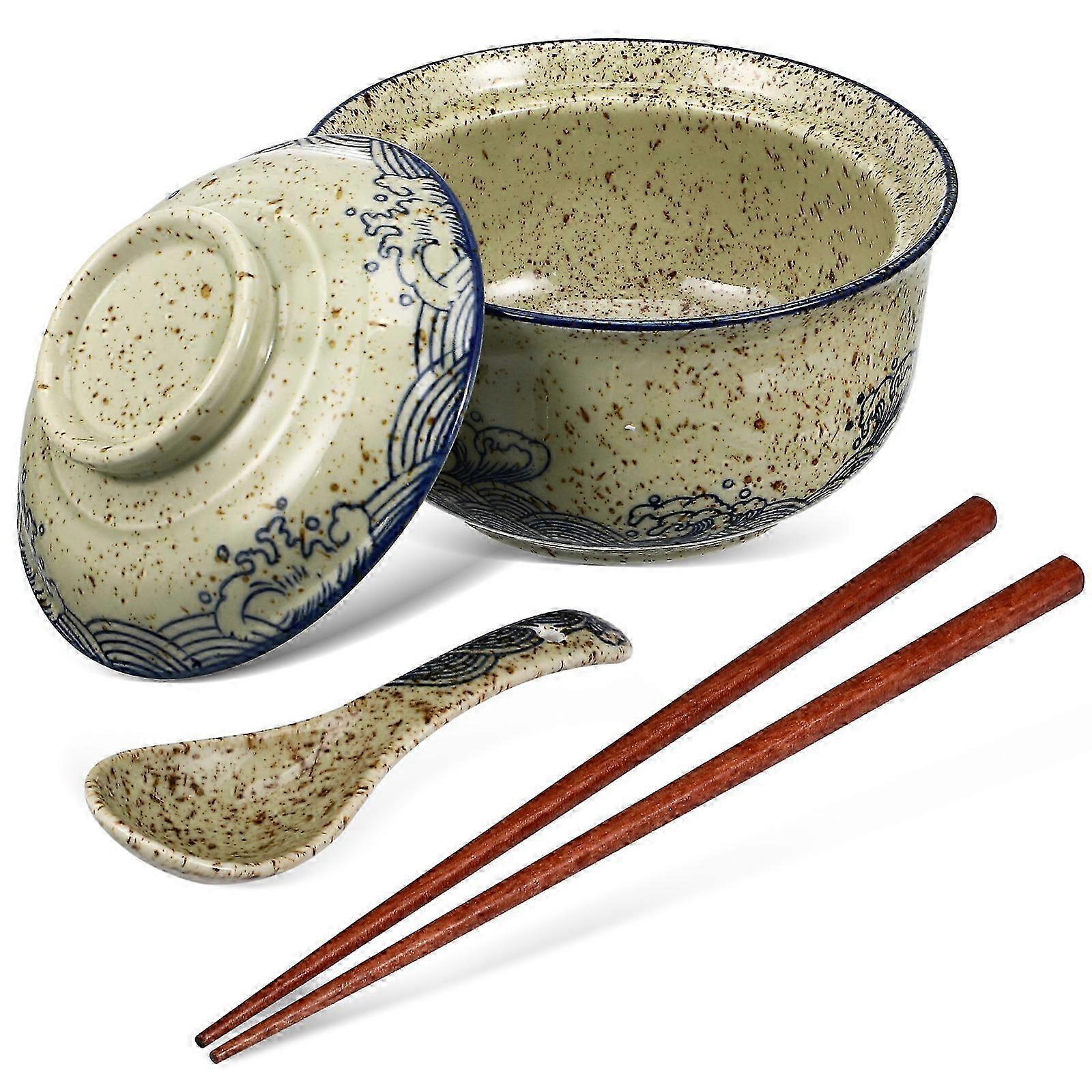 Ceramic Ramen Bowl Set with Chopsticks, Spoon & Lid - 13.5x0.4x0.4cm - Multi