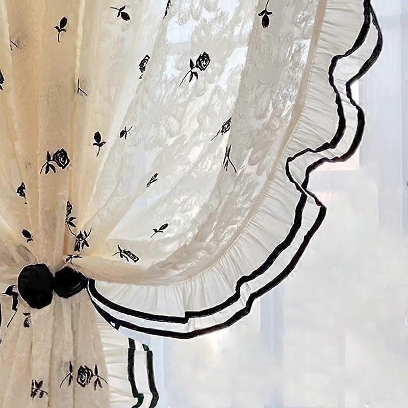 Scheibengardine Halbtransparente Vorhänge 170x200cm Weiß mit Schwarzen Rosen und Spitzen Dekoration 2er Set Ösenschal für Wohnzimmer Schlafzimmer