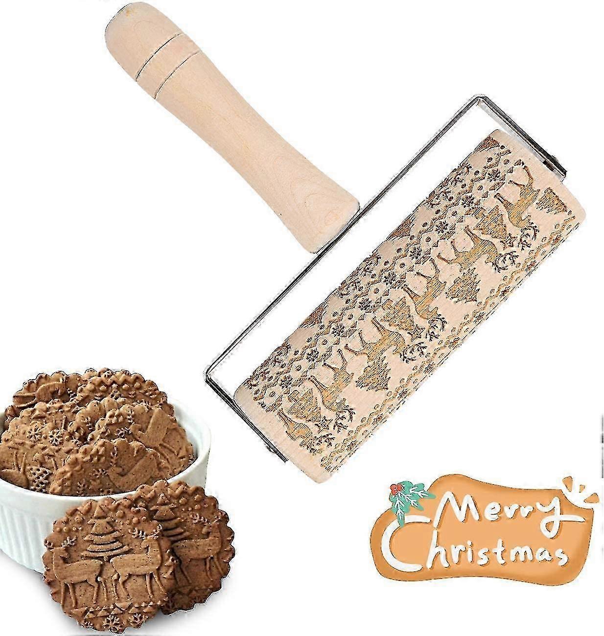 Christmas Wooden Rolling Pin for Baking Embossed Cookies, Suitable for Various Baking Needs and Festive Creations