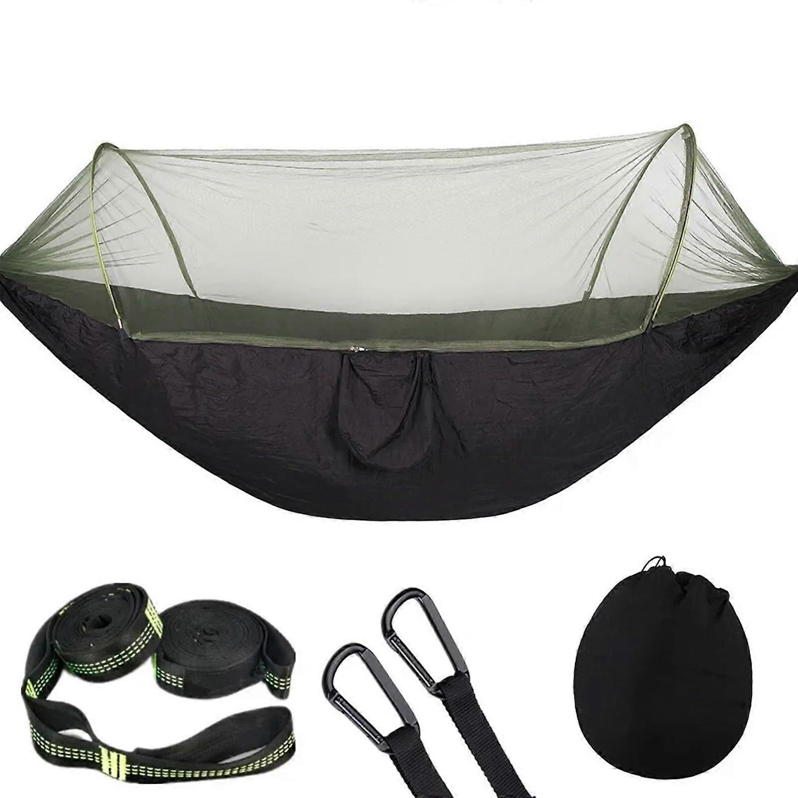 Camping Hammock with Net - Portable Parachute Hammock for Outdoor Sleeping, Hiking, and Camping (Black, 6 Rings)