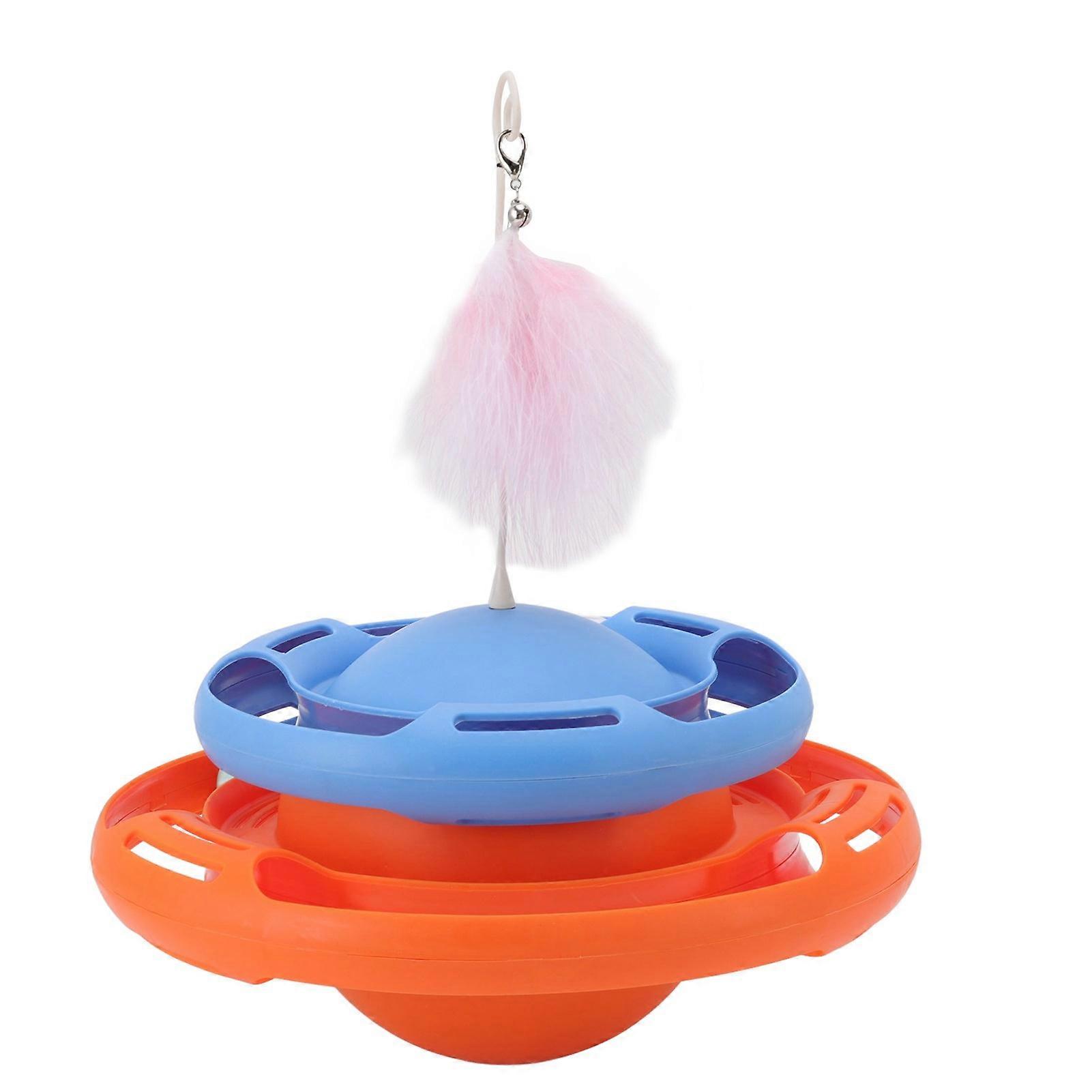 Cat Turntable Toys Multifunctional Puzzle Interactive Cat Roller Tracks Ball with Cat Teasing Stick for Cats Kitten Orange Blue