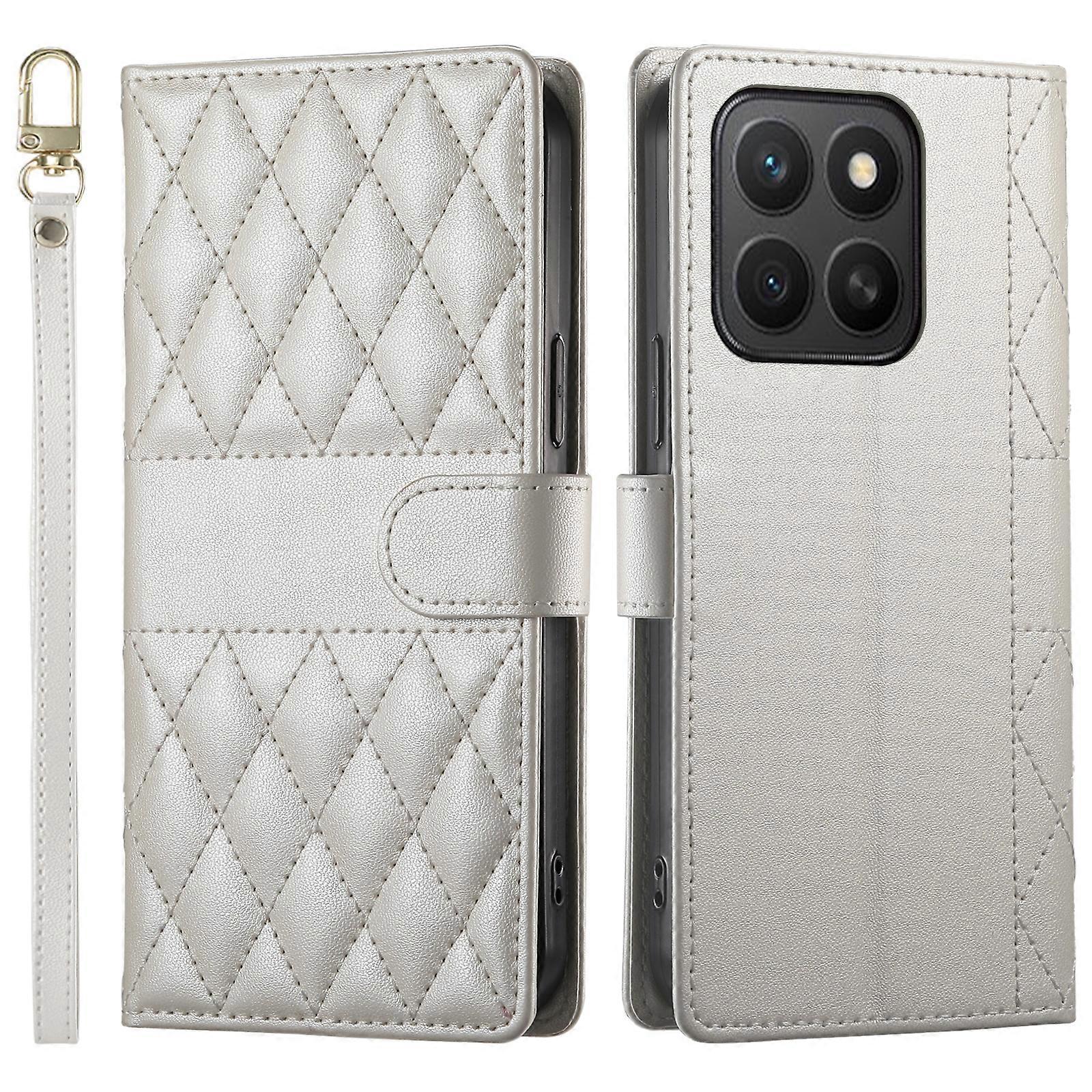 TKdaddy For Honor X8c 4G Case Rhombus Stitching Wallet حامل غطاء هاتف جلدي مع حزام قصير طويل بيج