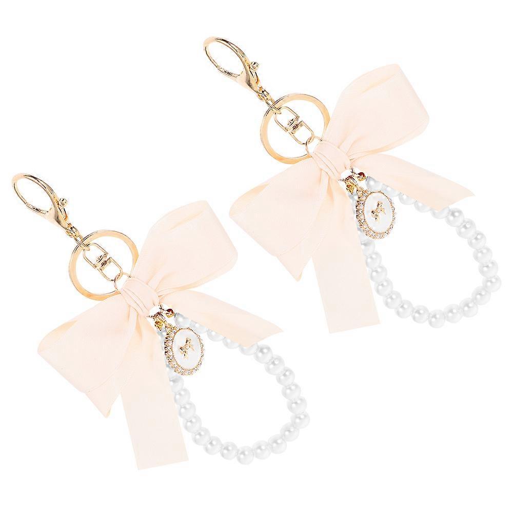 Creative Keyring Bowknot Pendant With Fake Pearl Beads For Car Ornament 2Pcs
