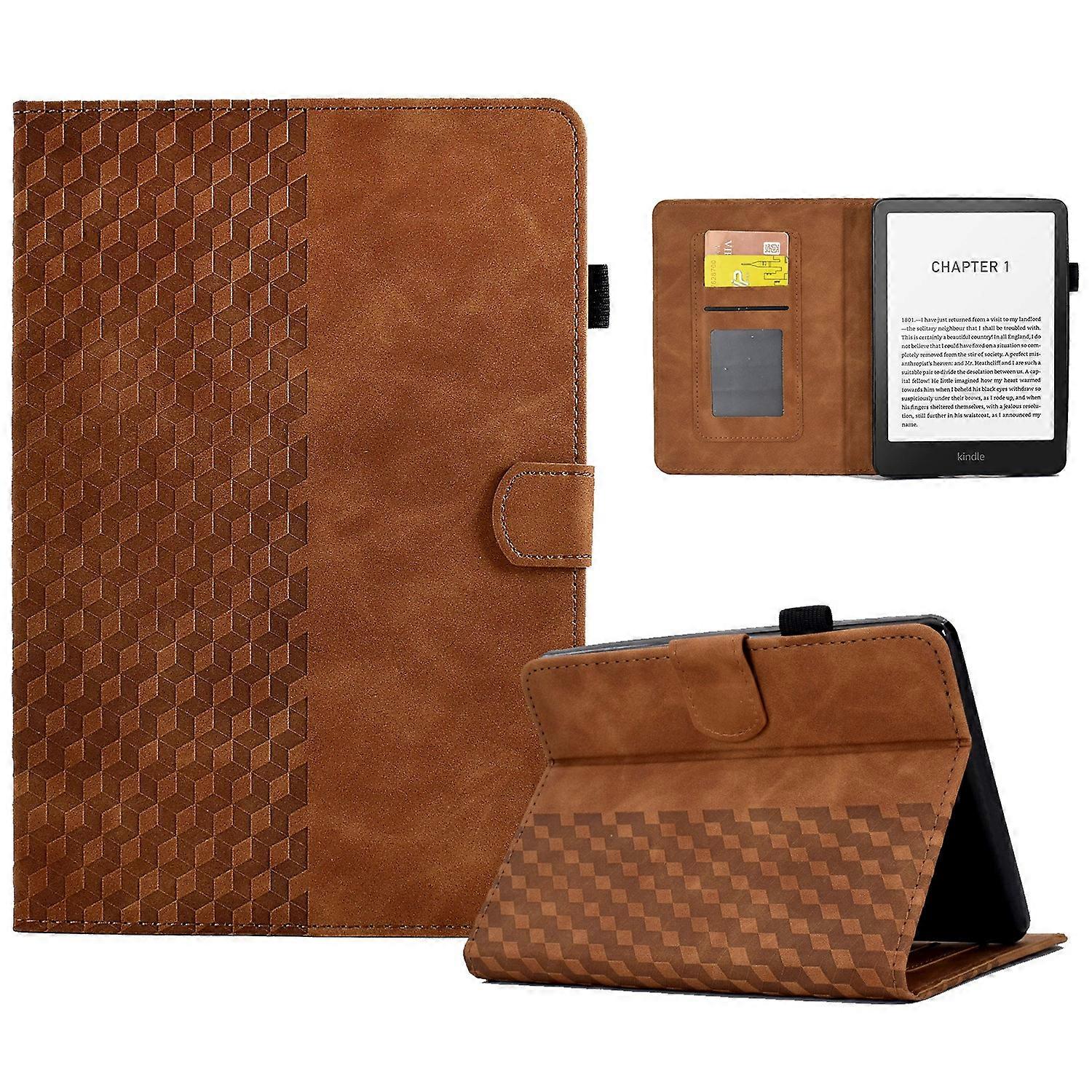 Für Amazon Kindle Paperwhite (2024) Case Kartensteckplätze Leder Cover Block Muster Braun