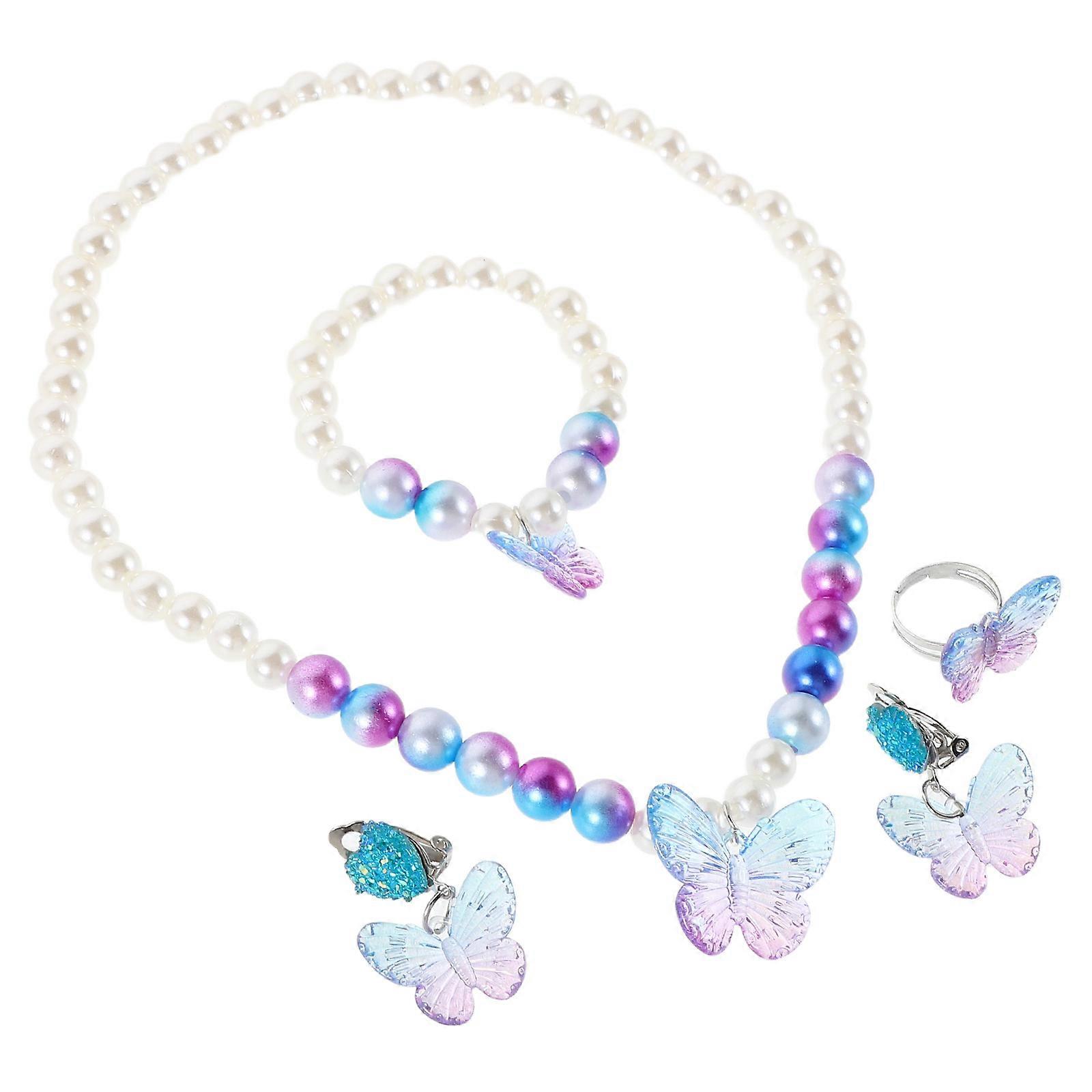 Mermaid Jewelry Set Butterfly Necklace Bracelet Earrings And Ring For Girls Dress Accessories 1Set