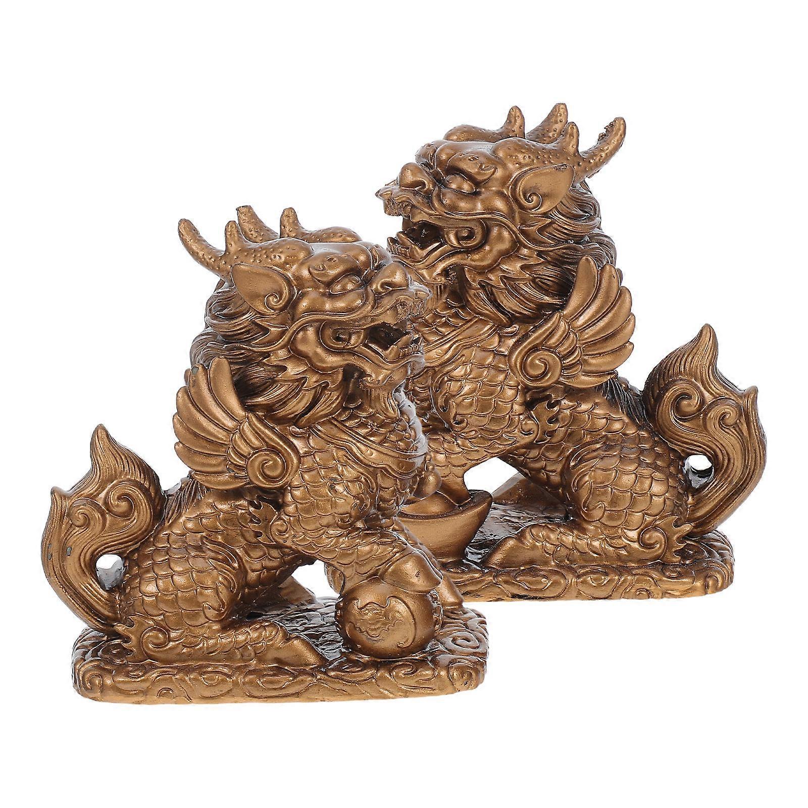 Feng Shui Kylin Figurines Pair Resin Wealth Guardian Statues for Living Room Home Decor Chinese Prosperity Sculpture Accent