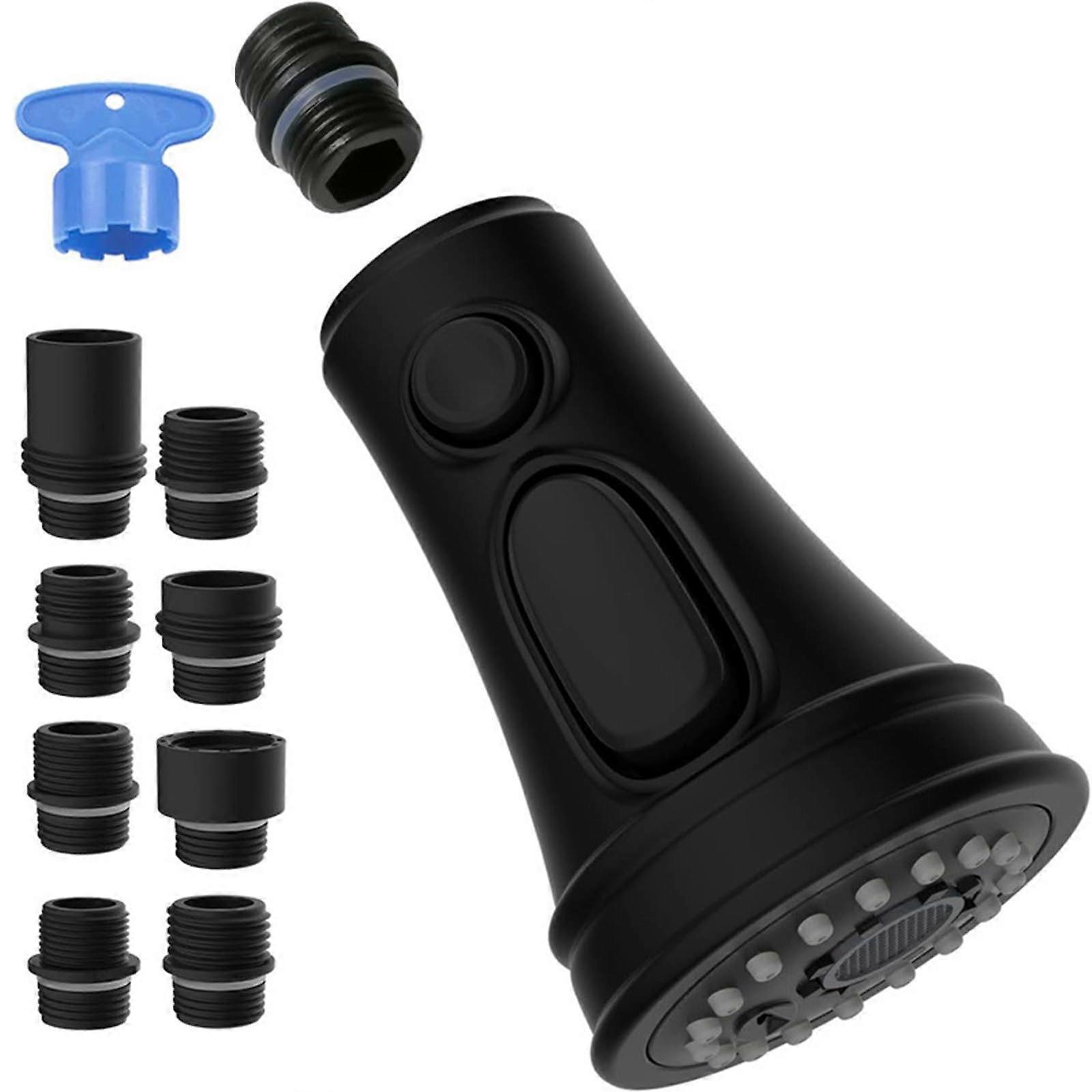 Shower Head Kitchen Tap Attachment - Rotating 3-Function Pull Down Spray Head in Black with 9 Adapters for Sink and Bathroom