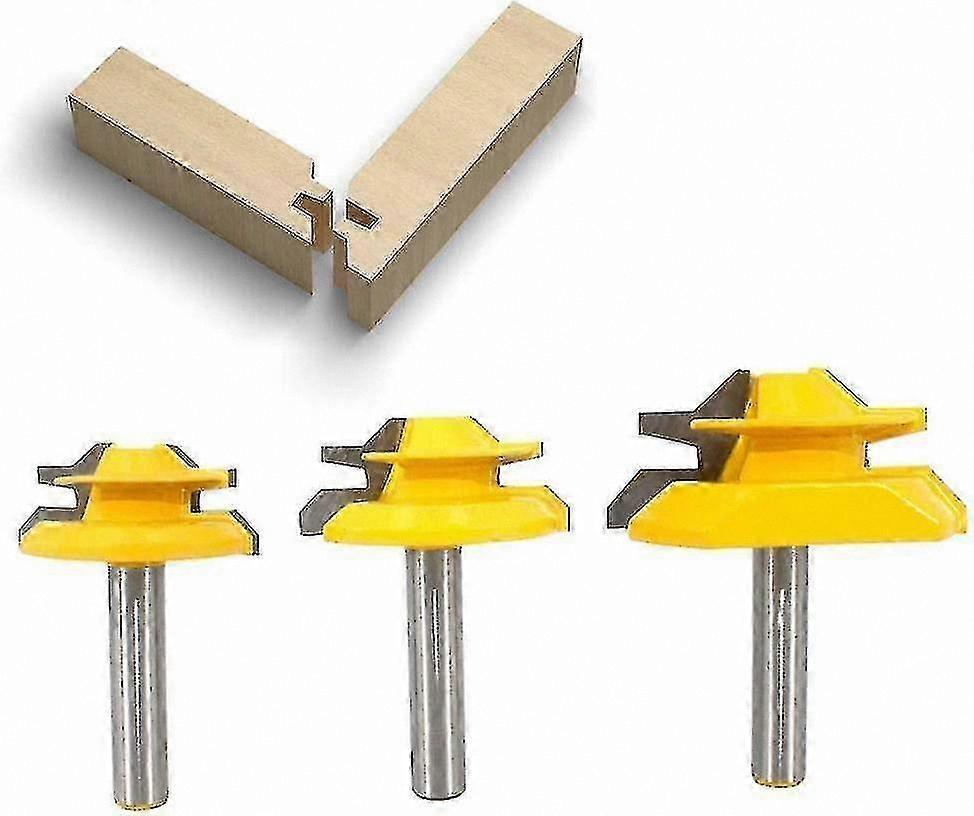 3-Piece 8mm Shank 45 Degree Miter Router Bit Set for Woodworking Grooves and Tenons