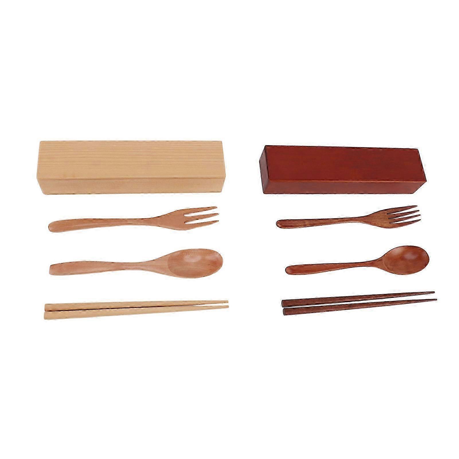 Portable Japanese-Style Wooden Chopstick, Spoon and Fork Set in Box for Camping Meals