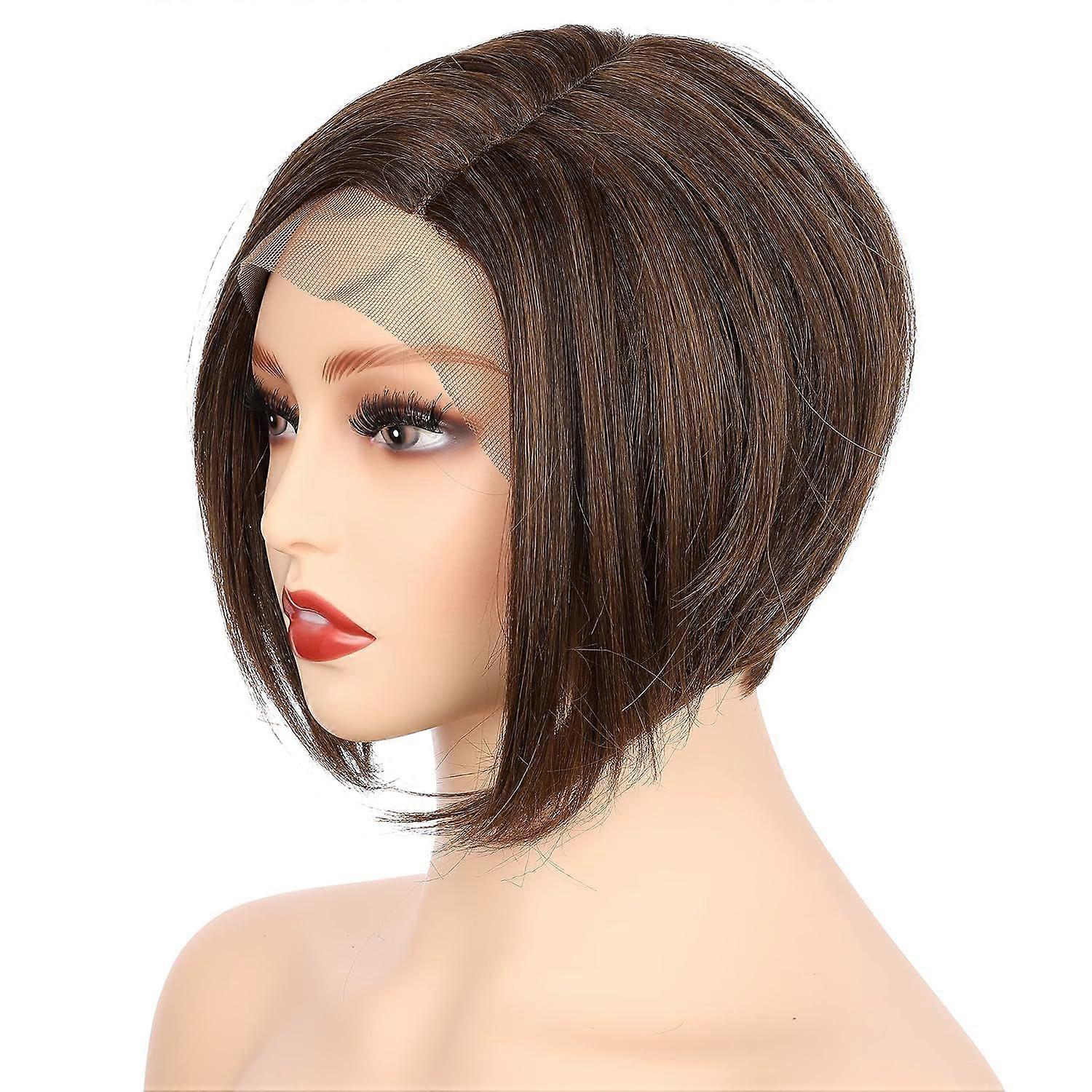 8 Inch Angled Layers Lace Front Wig Relaxed Straight Wig (Medium Brown Evenly