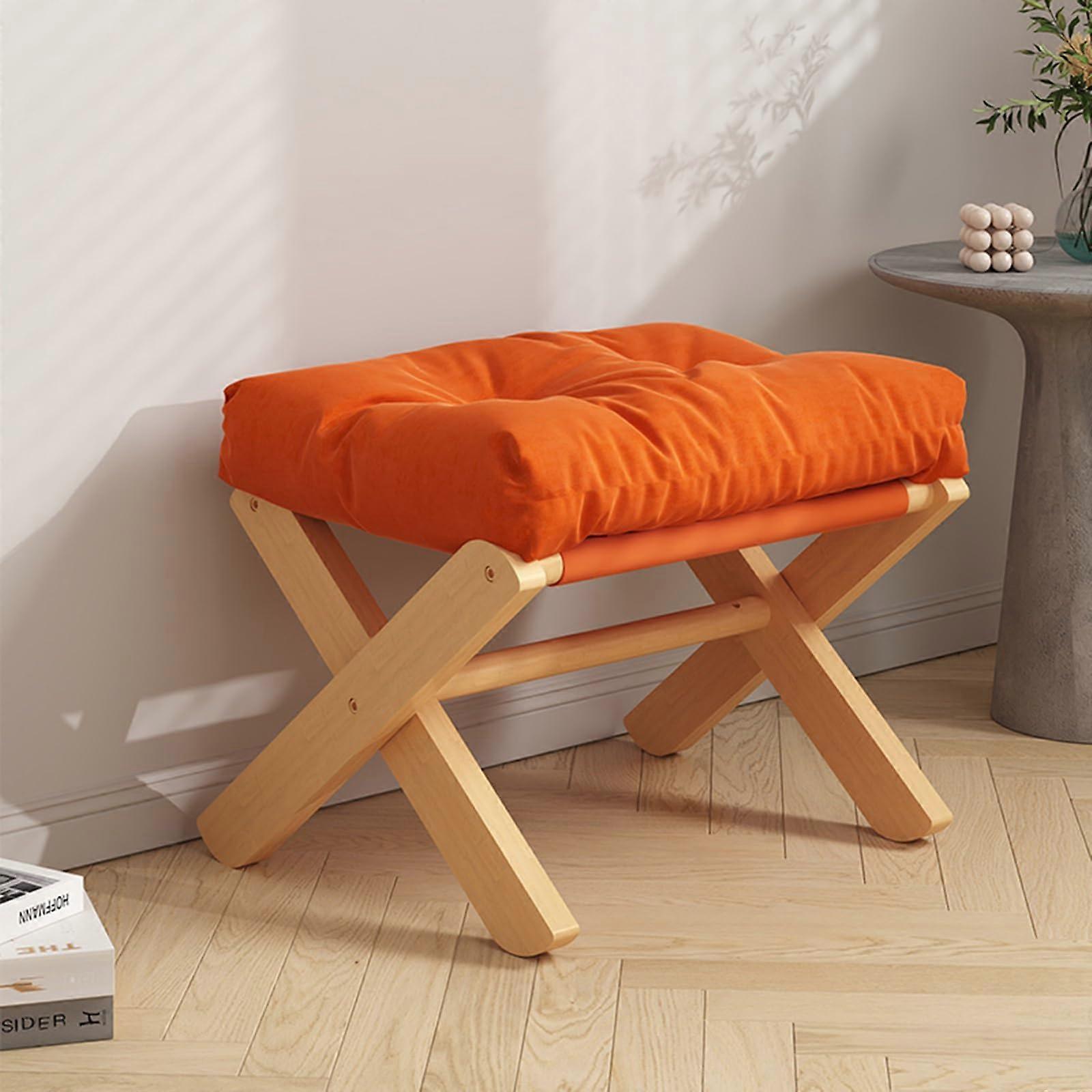 Folding Upholstered Footrest Stool Small Orange X-Leg Vanity Ottoman With Thick Cotton Cushion For Makeup Room