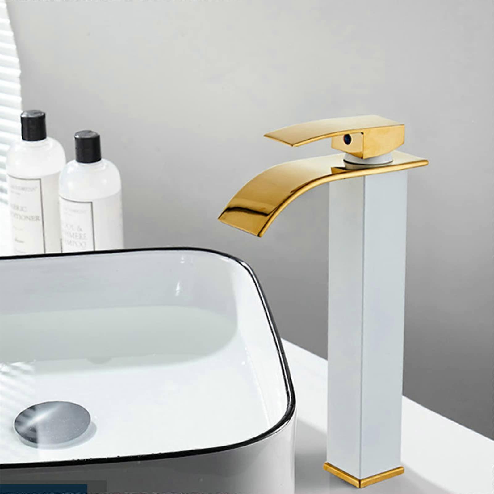 Basin Mixer Tap Waterfall Stainless Steel Lavatory Faucet With Waterfall Spout Single Handle Hot Cold White Gold Finish