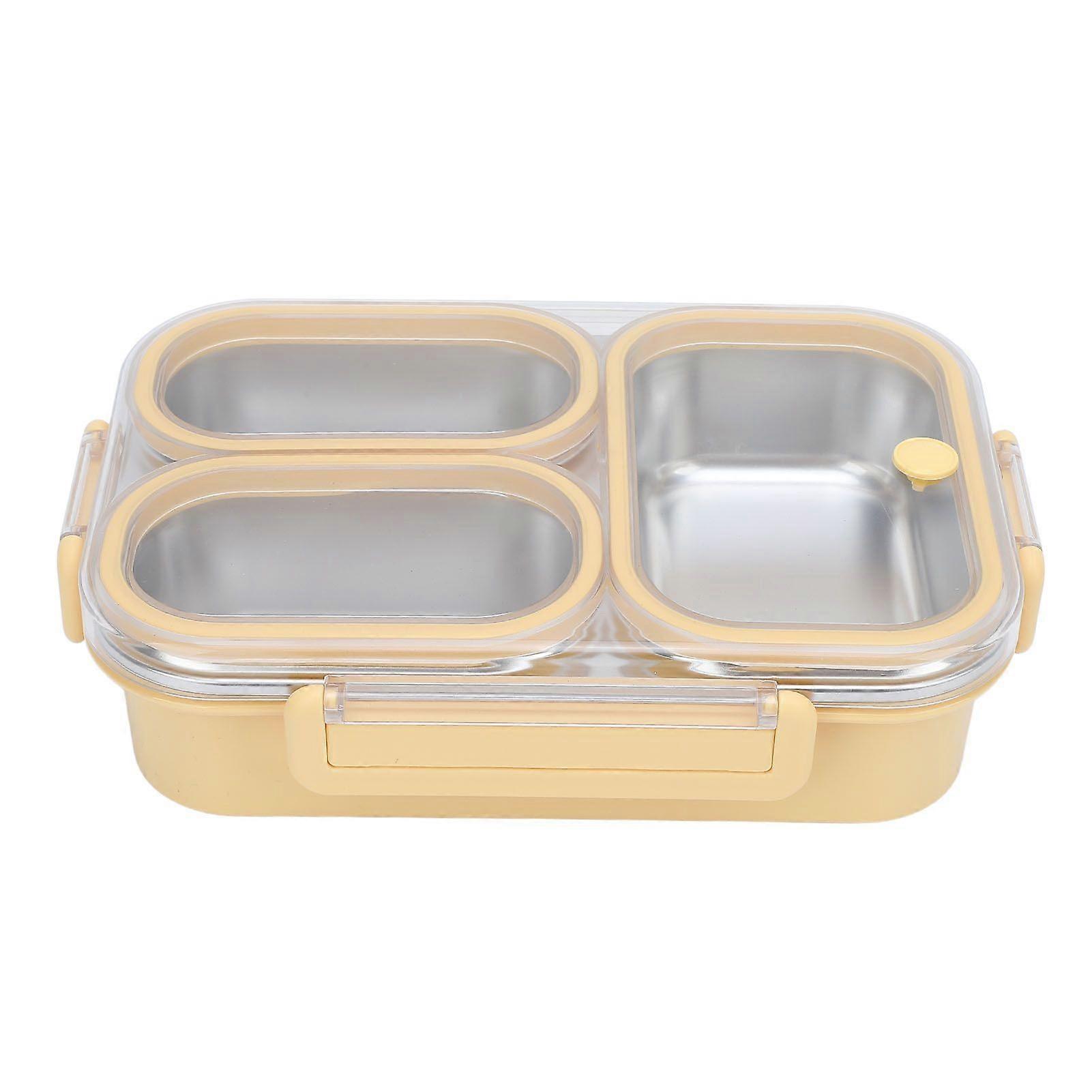 Divided Lunch Box 304 Stainless Steel Leakproof Heatable 3 Compartments Rectangular Food Container 1.2L Capacity Yellow