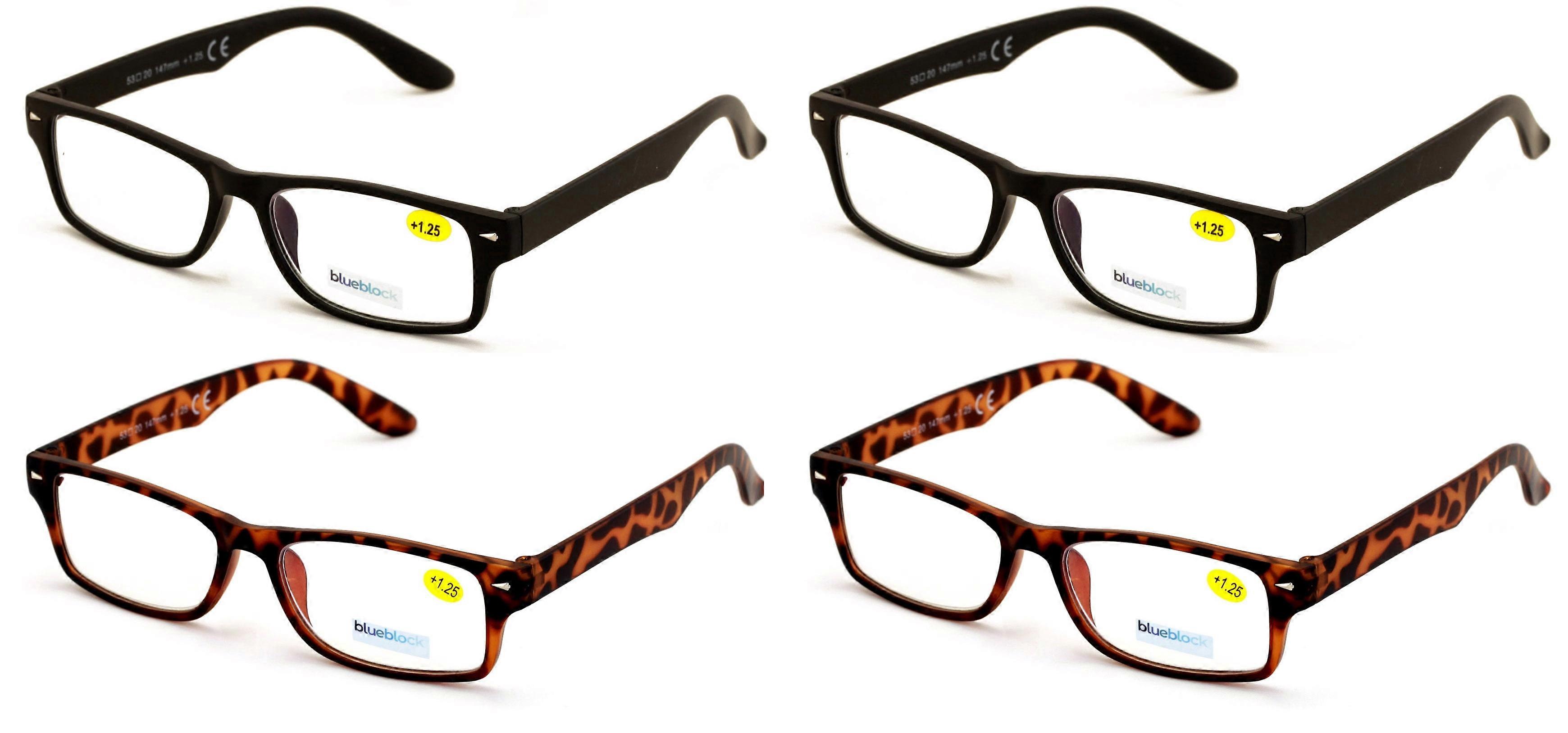 4 Pairs Simple Basic Reading Glasses Blue Blocker Black - Computer Anti Fatigue UV Protection Reader +2.00