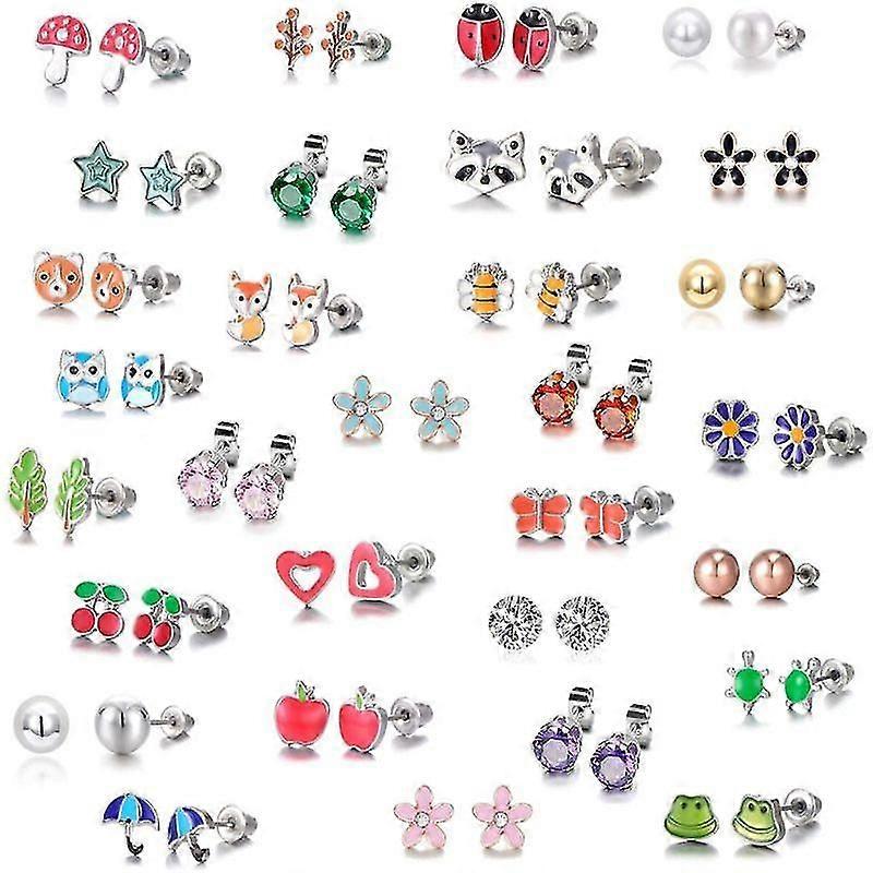30 Pair Stainless Steel Mixed Bee Frog Tree Daisy Umbrella Stud Earrings Set Kit