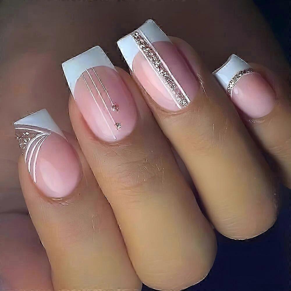 Y2K 24Pcs Glossy Medium Square Press On Nails Pink French Style Fake Nails With Rhinestone Shiny Artificial Reusable For Girl 26s