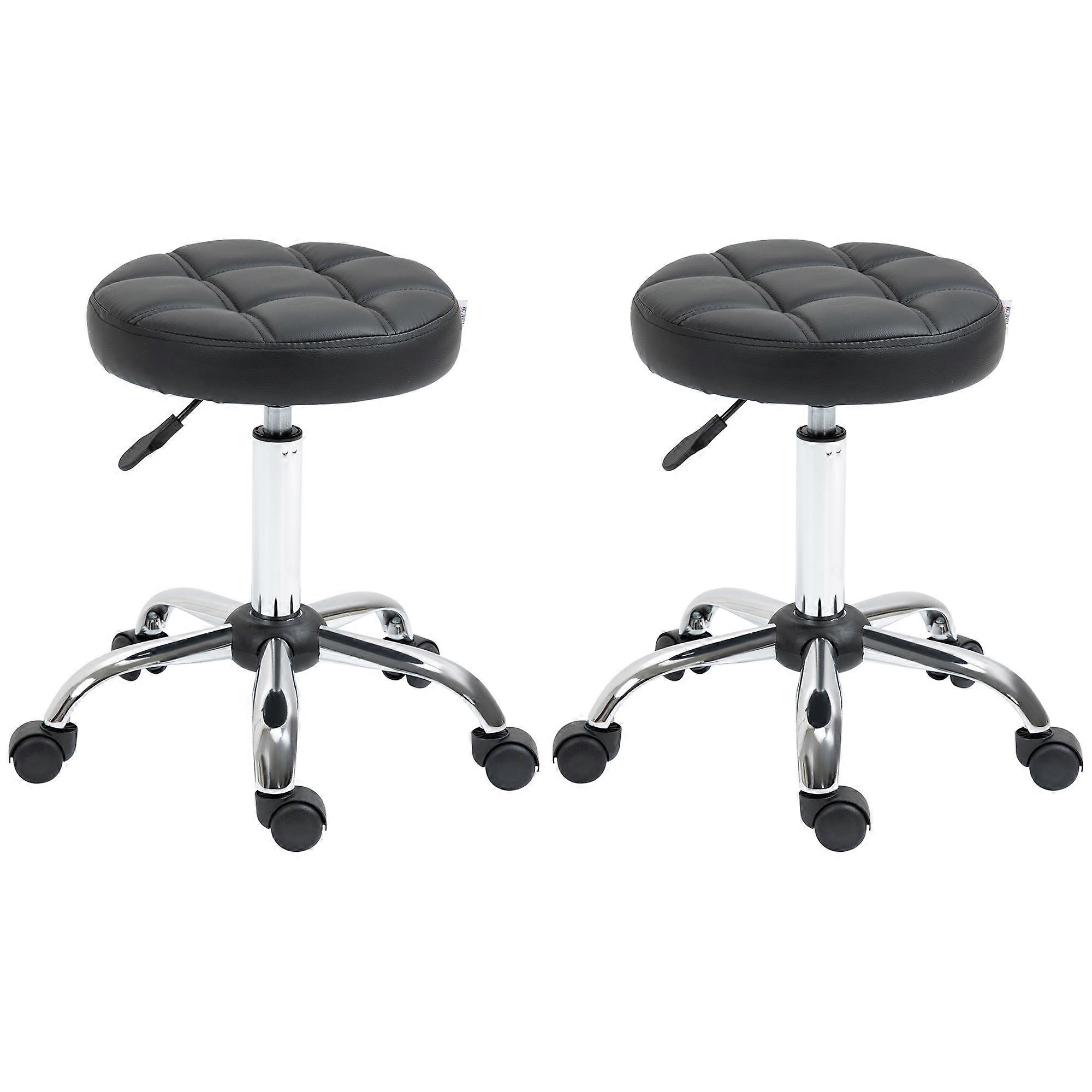 Black Adjustable Height Bar Stools Wheels PU Leather Swivel
