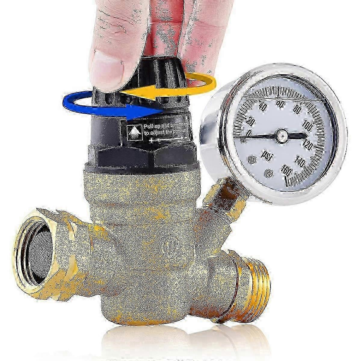 25-26 RV Water Pressure Regulator Valve, Adjustable Water Pressure Reducer with Gauge and Inlet Screen Filter for RV