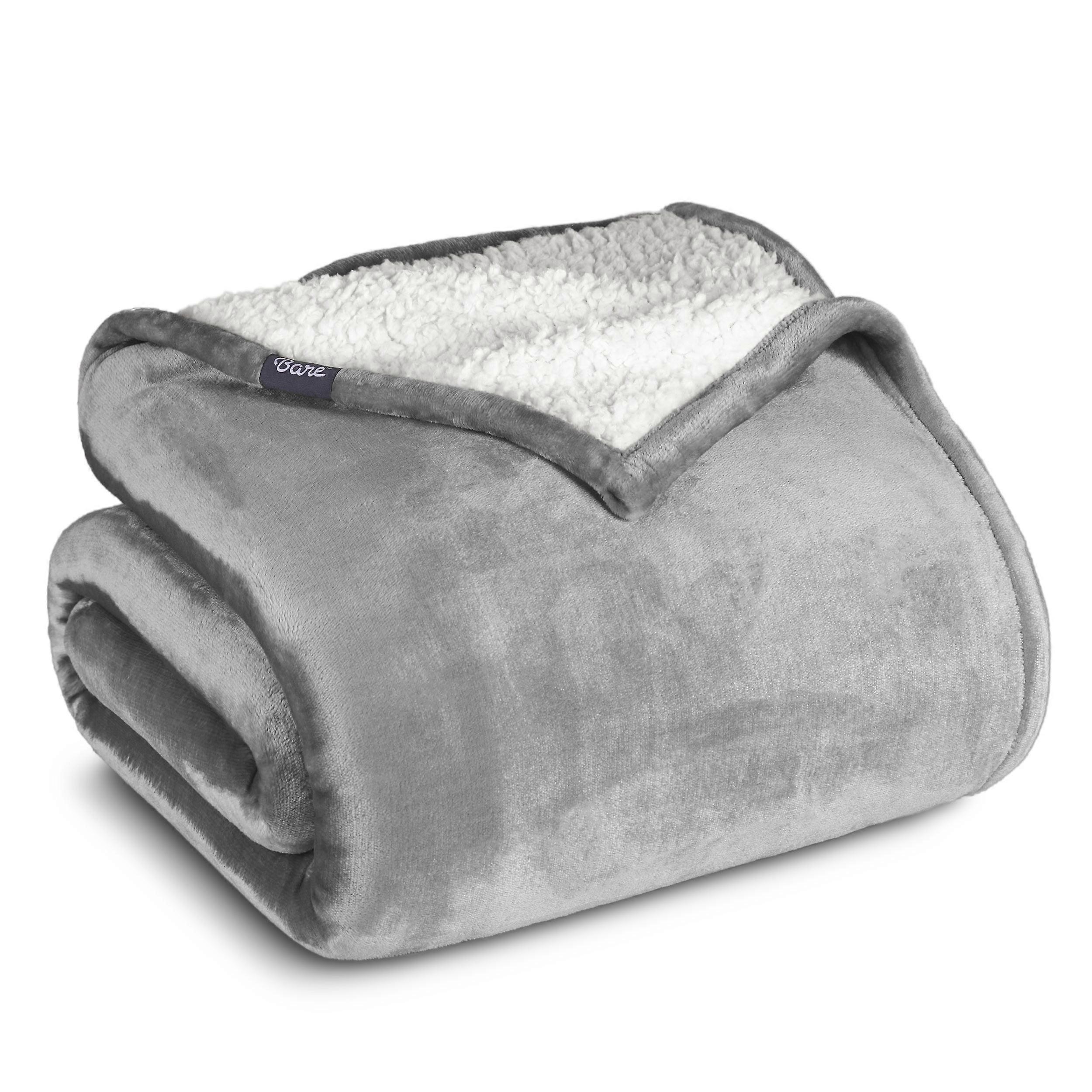 Bare Home Plush Sherpa Bed Blanket - Fluffy & Soft - Reversible - Lightweight - Throw/Travel, Light Gray