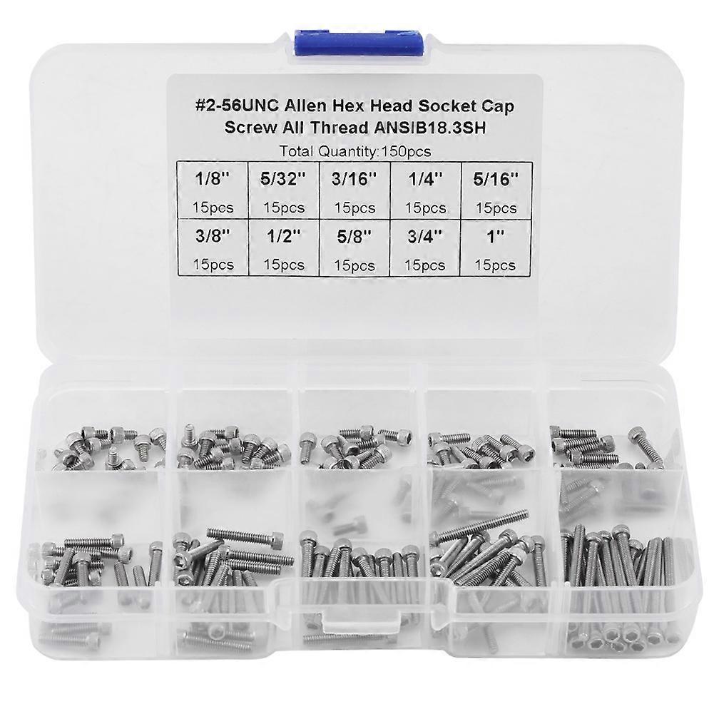 150PCS 9 Sizes Hex Socket Cap Head Screws Assortment Set with Plastic Box #2‑56 UNC