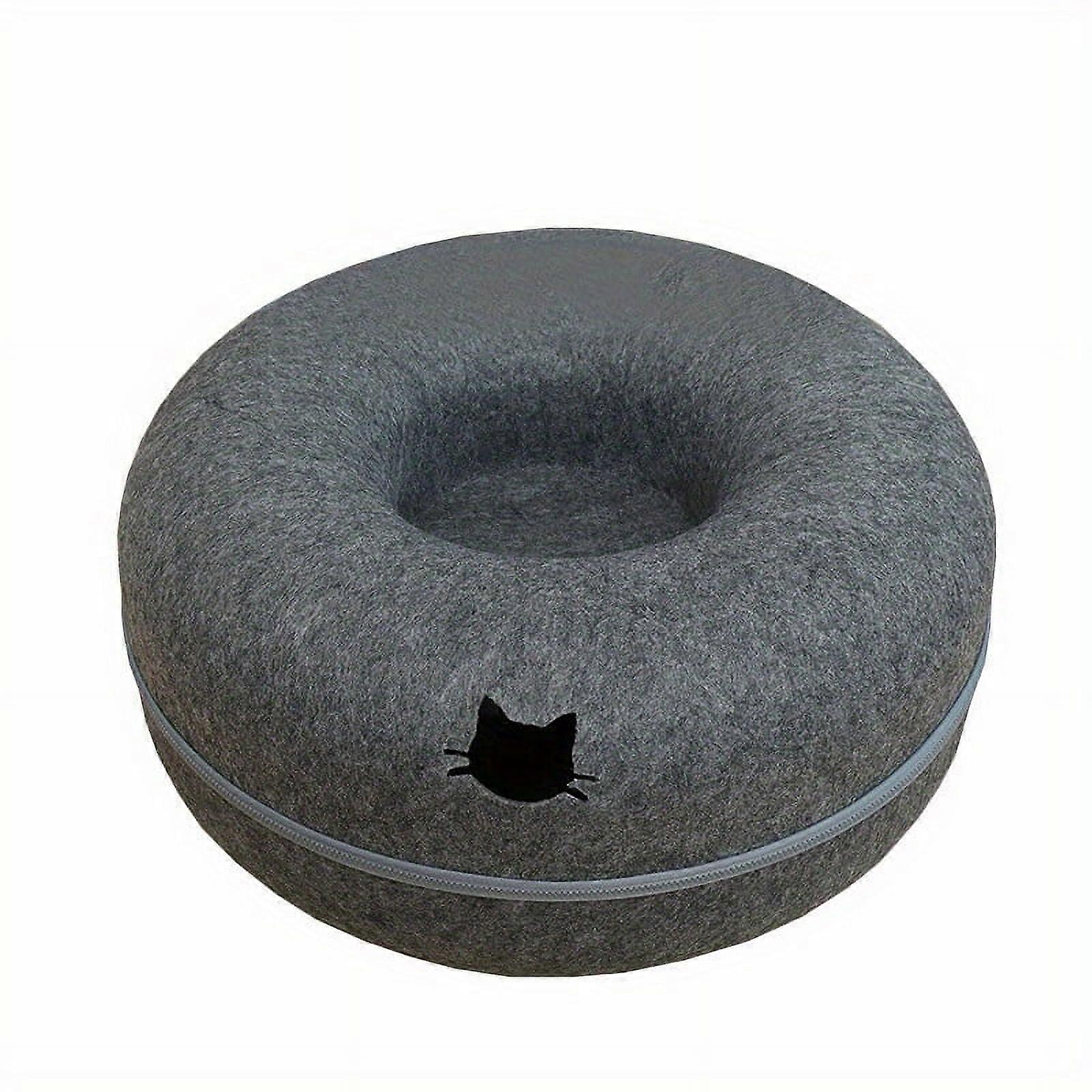 Cozy All-Season Felt Cat Bed With Detachable Donut Tunnel & Kitten Window - Washable, Synthetic Fiber Nest For Cats