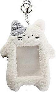 White Plush Photocard Holder Keychain with Cute Bear Rabbit Cat Design for Photo Sleeve Protection
