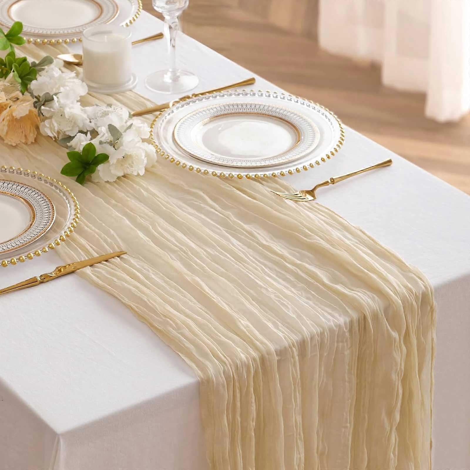 Kafsov Boho Gauze Table Runner, Beige, Sheer Rustic Decor, Soft Polyester, Crinkled Texture, Reusable & Machine Washable, Compatible with Gift
