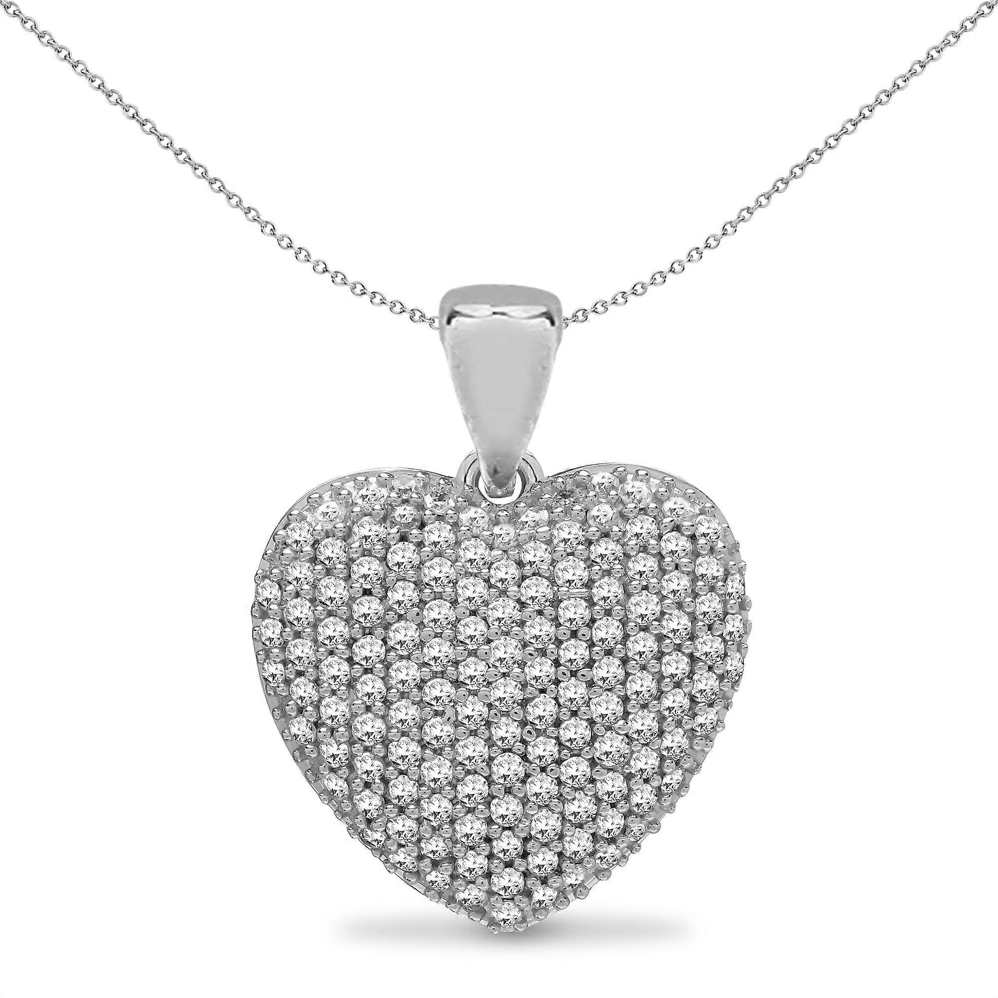 Jewelco London Solid 9ct White Gold Pave Set Round H I2 0.5ct Diamond Domed Love Heart Cluster Pendant