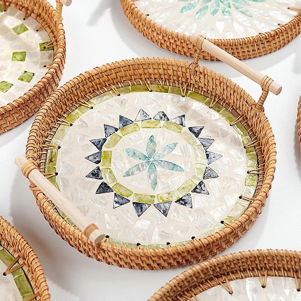 Round Rattan Wicker Tray with Shell Wooden Base & Handle - Fruit, Bread Serving, Coffee Table, Vanity Organizer