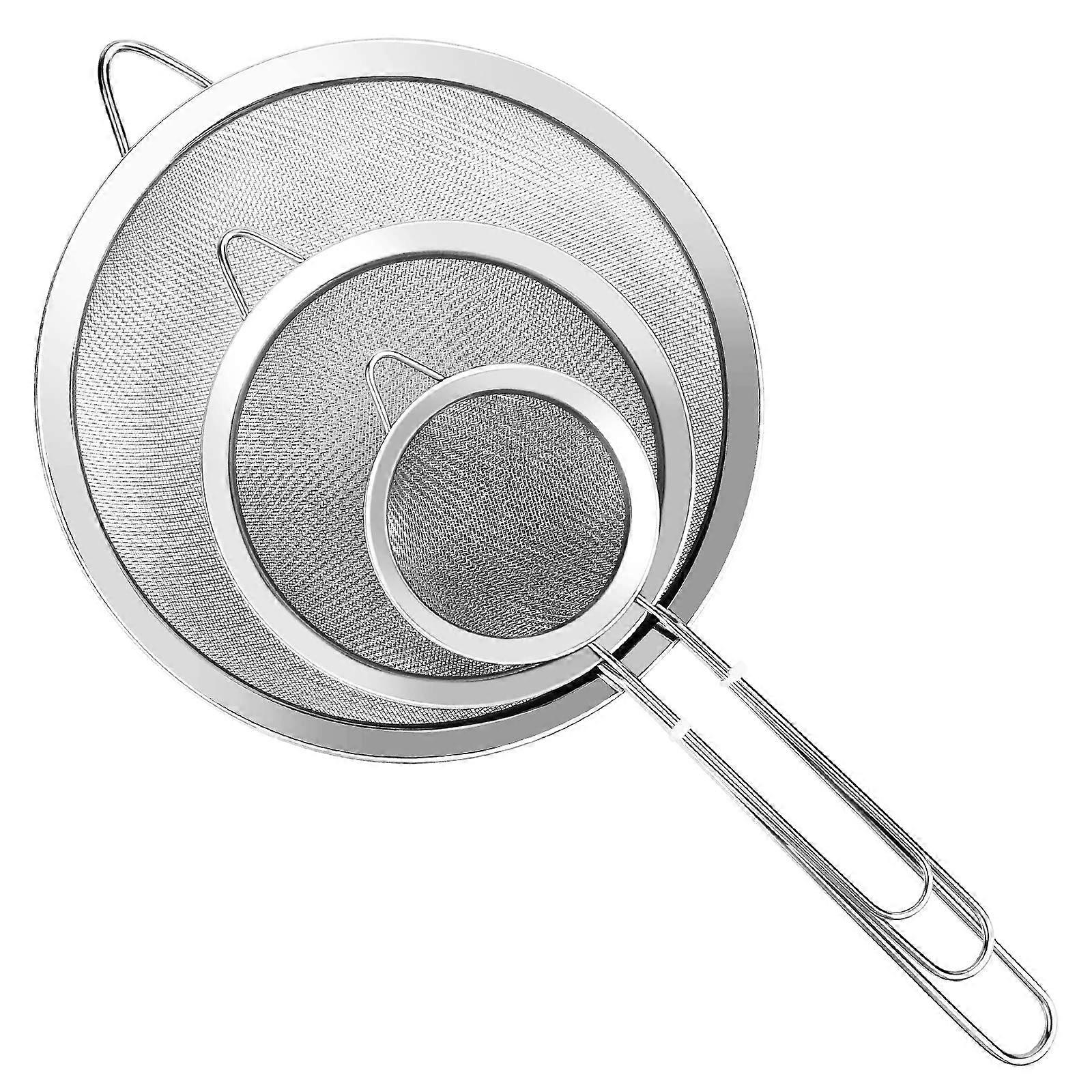 3Pcs Stainless Steel Fine Mesh Strainer Set with Handle, Extra Fine Sieve for Kitchen Baking Cooking