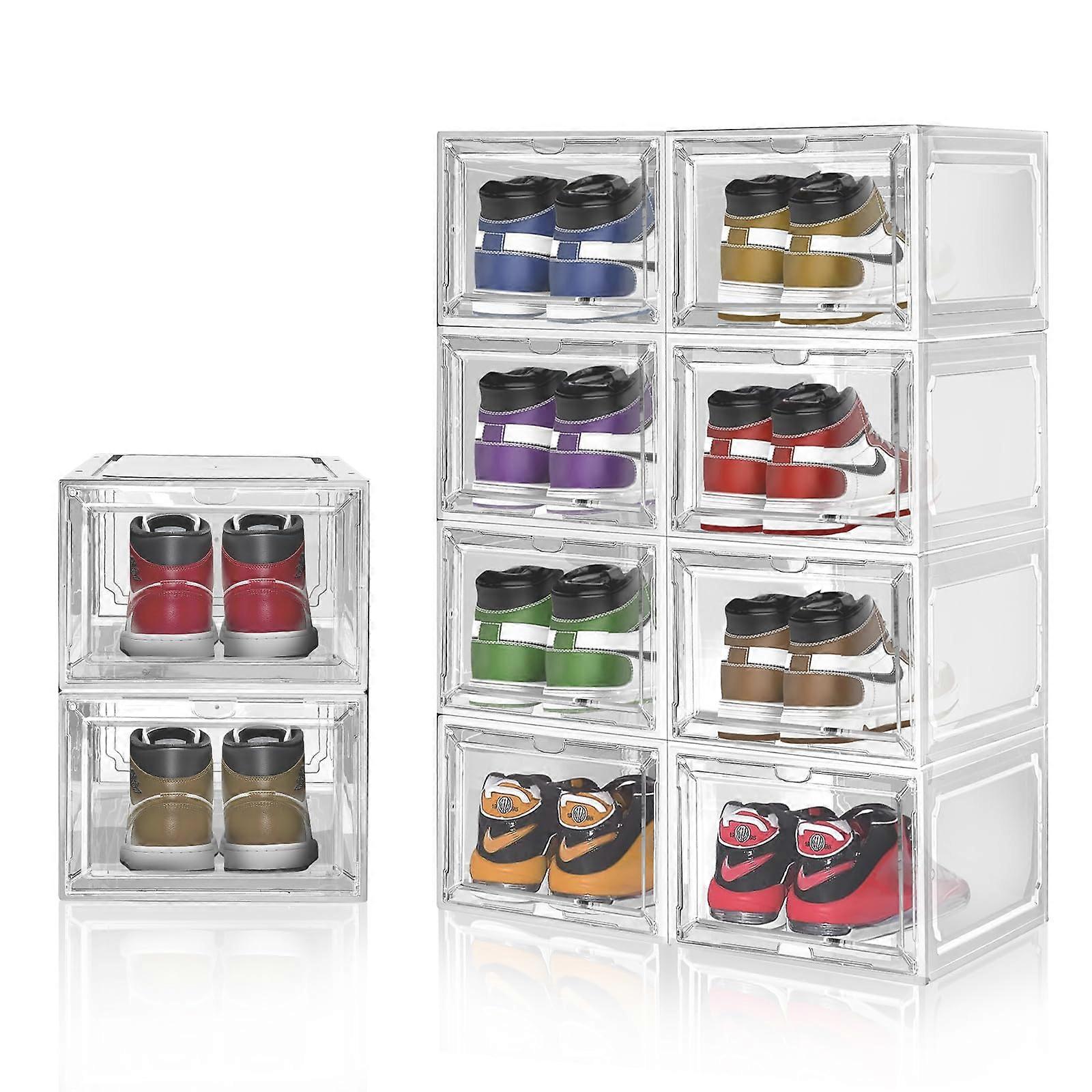 10 Pack Clear Shoe Storage Boxes with Magnetic Front, Stackable DustProof Sneaker Organizer Fit Size 12