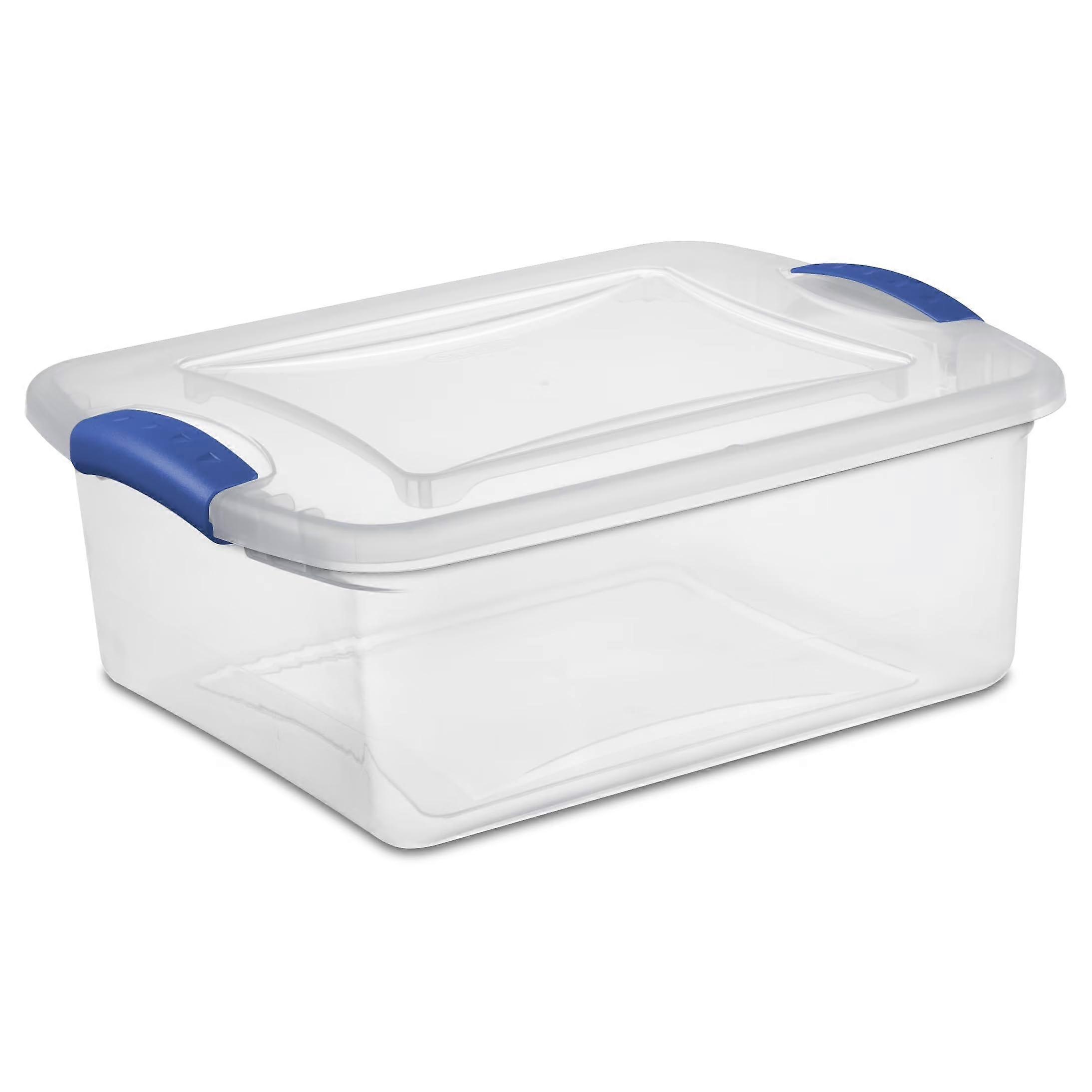 15 Quart Clear Plastic Storage Bin with Secure Blue Latches, Stackable EasyView Box