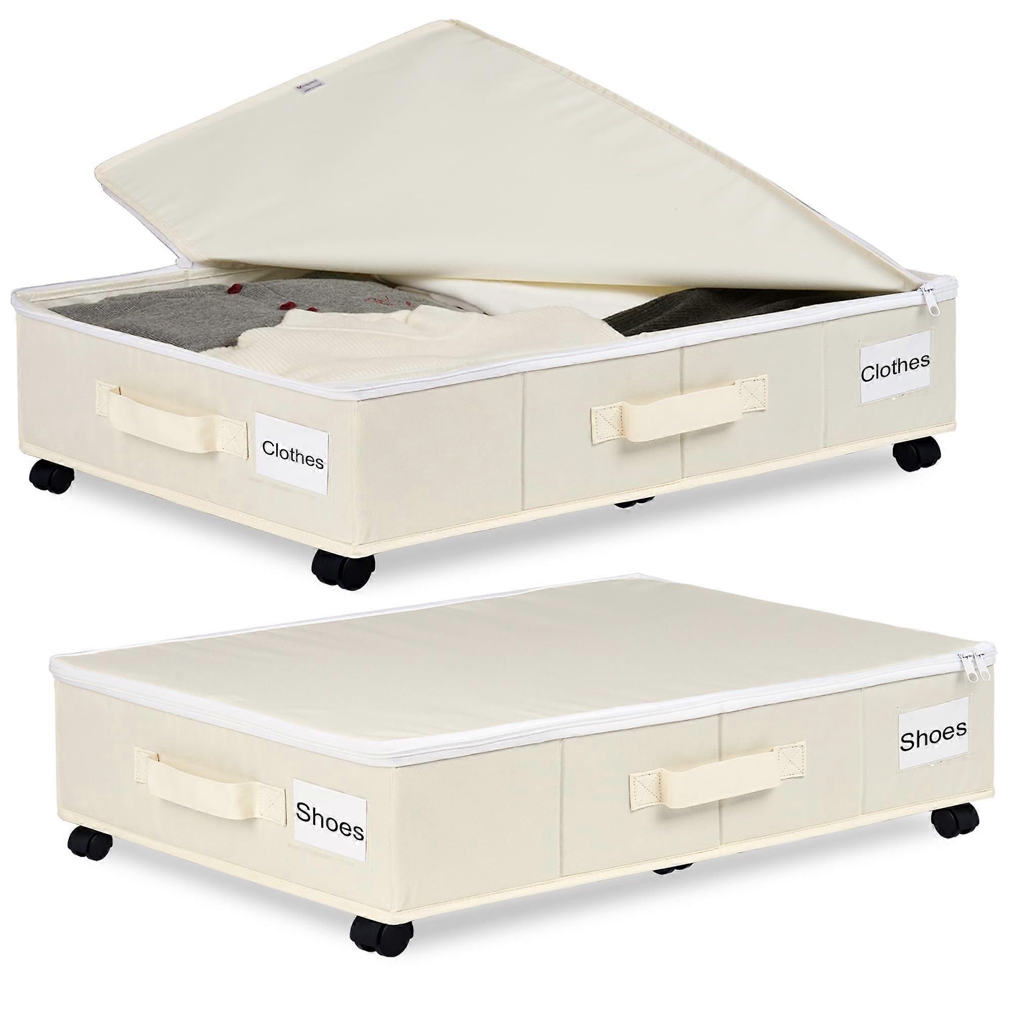 Under Bed Storage with Wheels 2 Pack, Rolling Underbed Containers with Zipper Lid and Label Holders, Beige