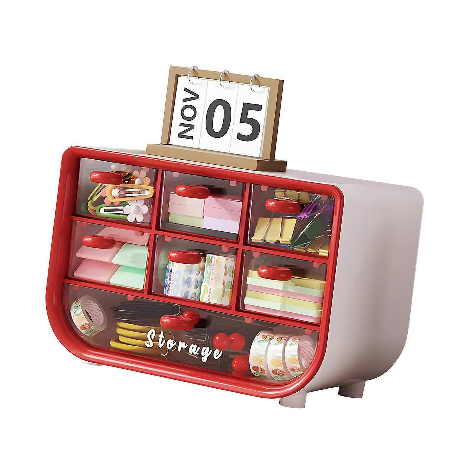 Space Saving 7 Drawer Storage Box Including Label Openings for Categorized Small Objects Management  Pink