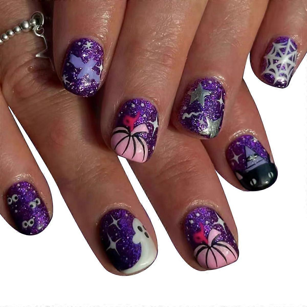 Halloween Ghost Press On Nails Purple Glitter Short Square Acrylic False Nails 24pcs