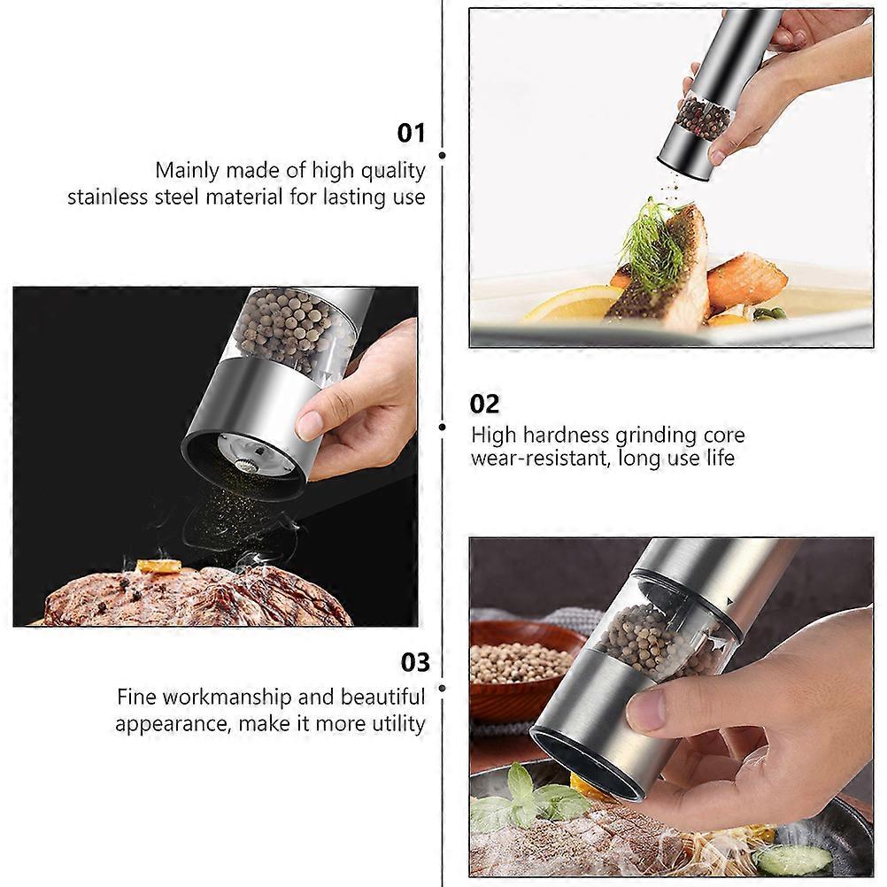 Automatic Pepper Grinder Electric Operation Pepper Mill Ceramic Home Use Silver 2Pcs