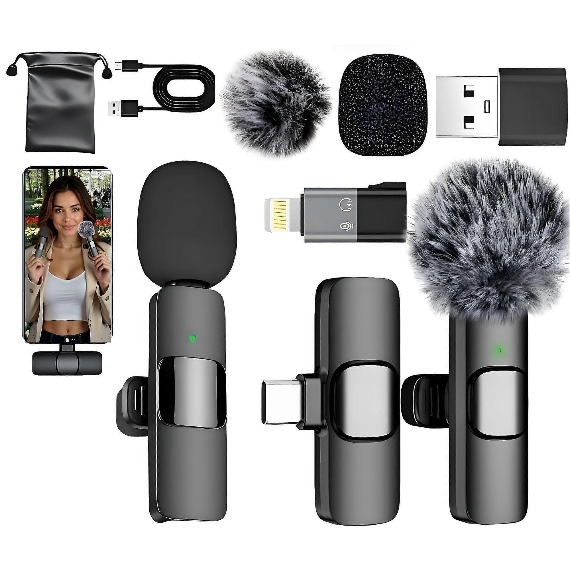 2Pack Wireless Lavalier Microphone with Noise Cancellation, Plug & Play Setup, USBC and Lightning Compatible for iPhone and Android Video Recording