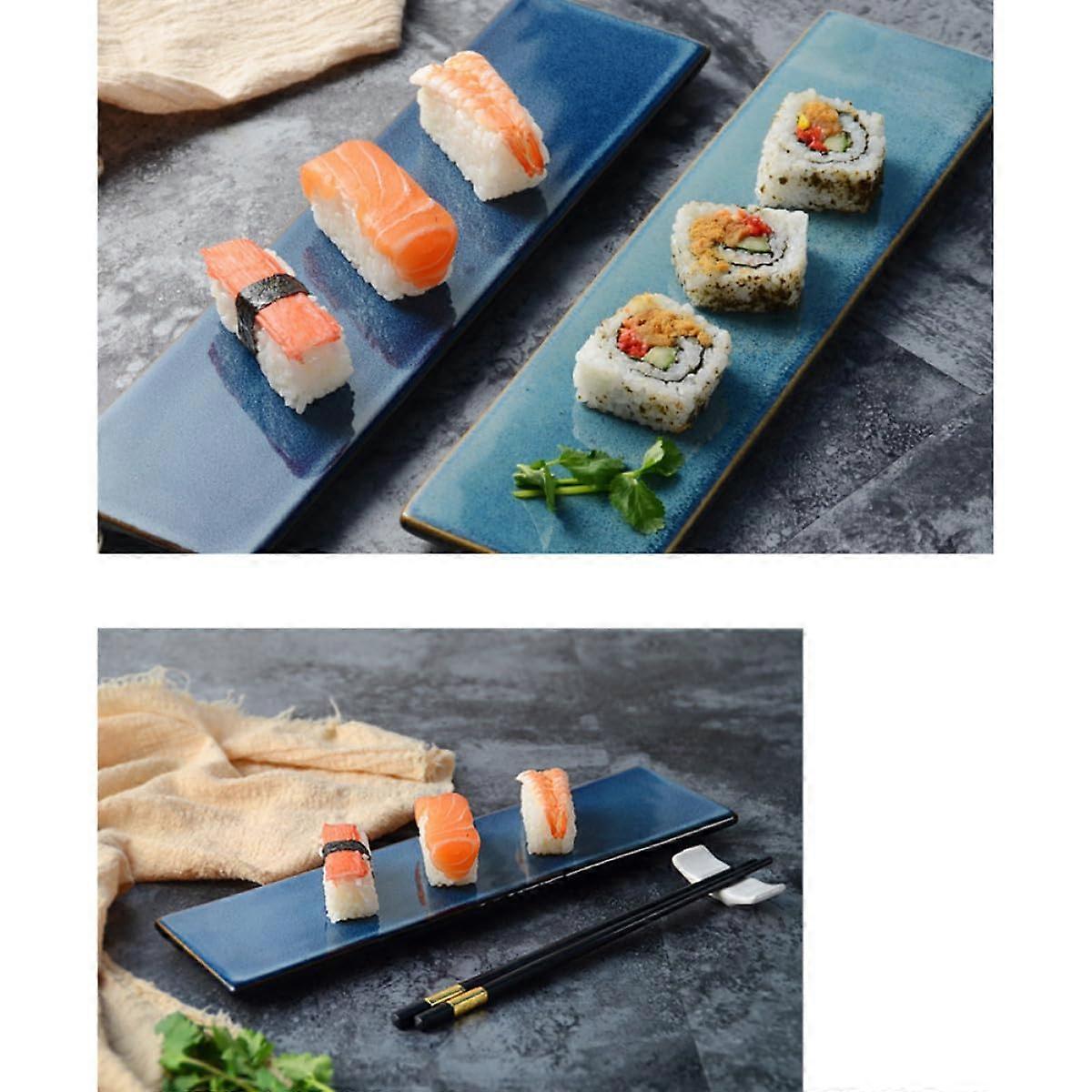 Sushi Serving Plate  Rectangular Blue Ceramic Tray, Elegant Japanese Style for Sashimi and Parties