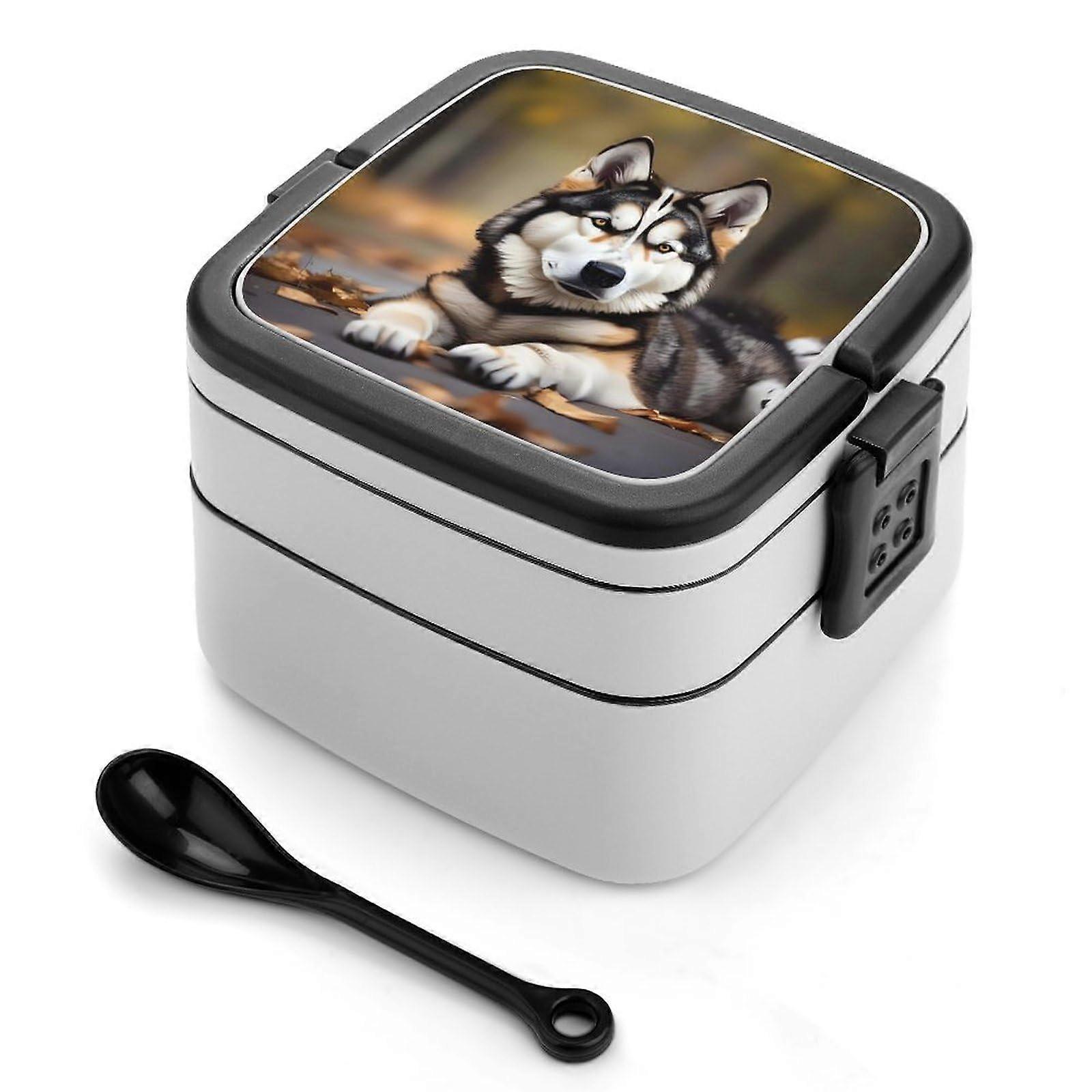 Bento Lunch Box Double Layer Leakproof with Spoon Dual Compartment for Office Travel Camping