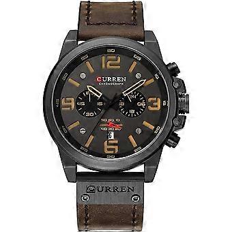 Relógio masculino militar analógico de quartzo com cronógrafo, mostrador tipo "sanduíche", resistente à água e pulseira de couro.